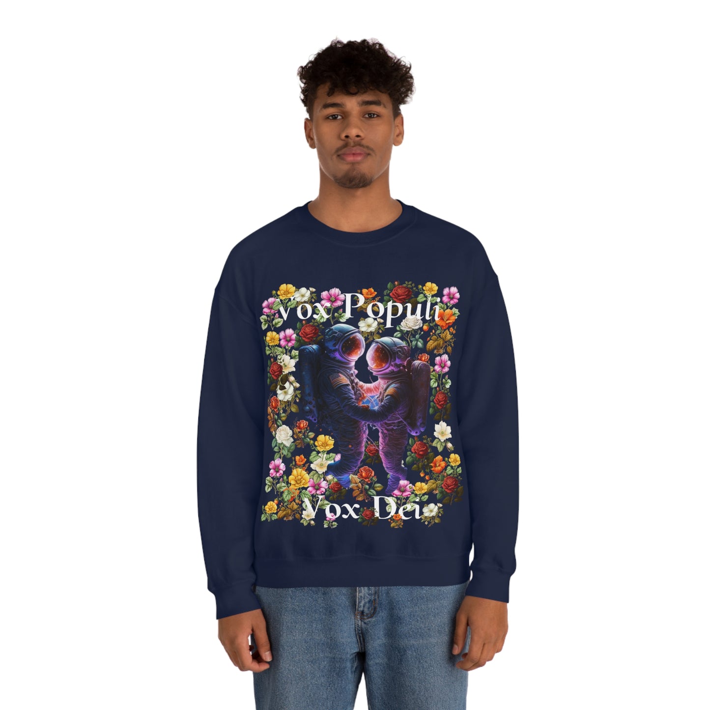Flowers in Zero-G: A Cosmic Love Story. Original Art. Unisex Heavy Blend Crewneck Sweatshirt.