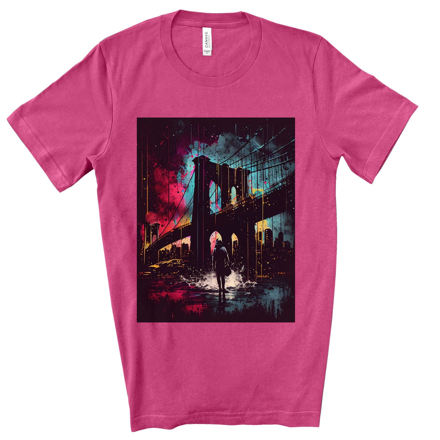 Night At The New York Historic Brooklyn Bridge. Original Art. Unisex Jersey Short Sleeve Tee.