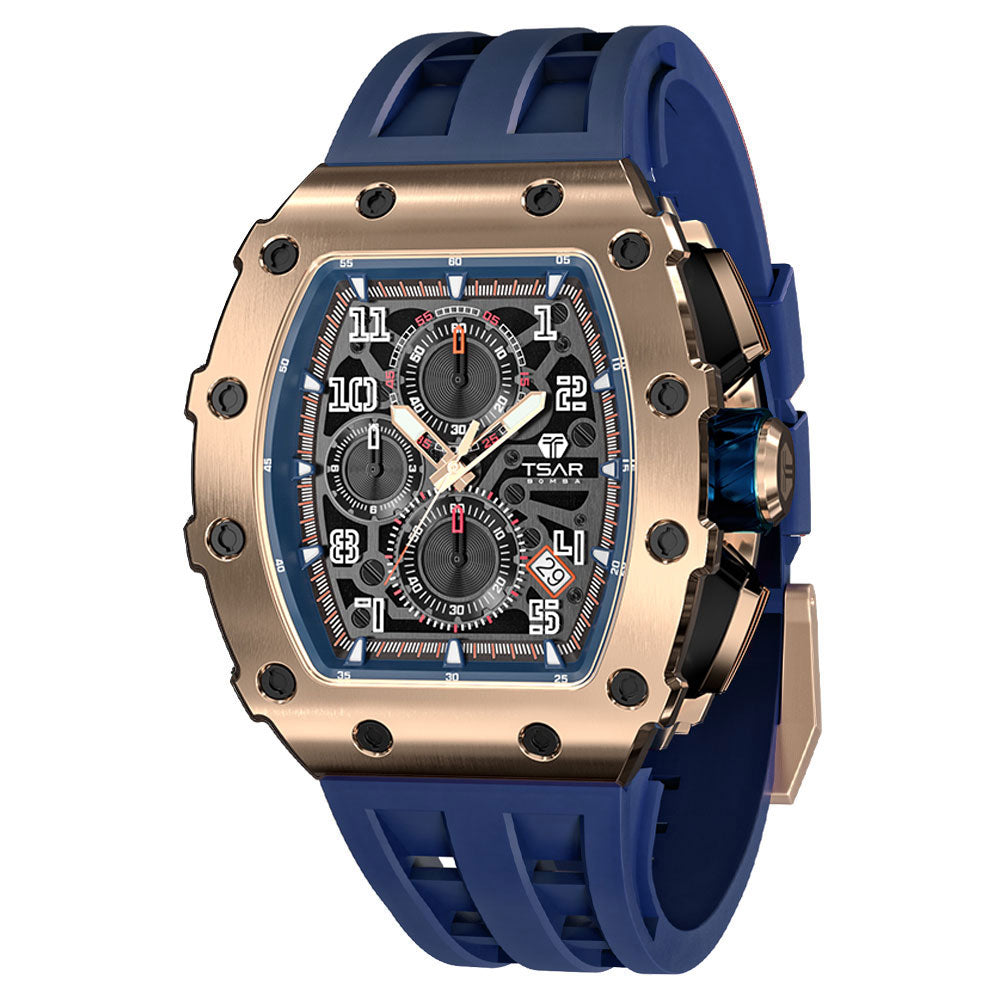 TSAR BOMBA Mens Watch Top Brand Luxury Tonneau Clock 50M Waterproof Stainless Steel Wristwatch Sport Chronograph Watch for Men