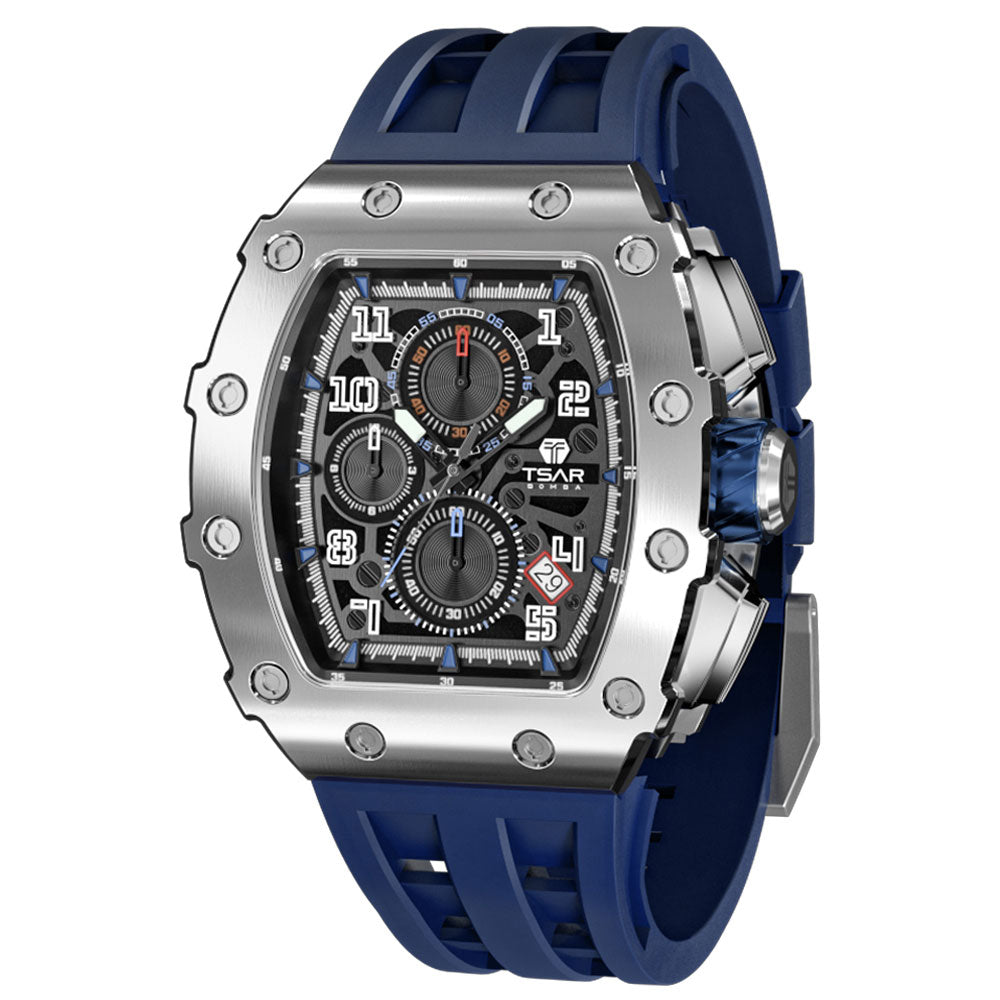 TSAR BOMBA Mens Watch Top Brand Luxury Tonneau Clock 50M Waterproof Stainless Steel Wristwatch Sport Chronograph Watch for Men