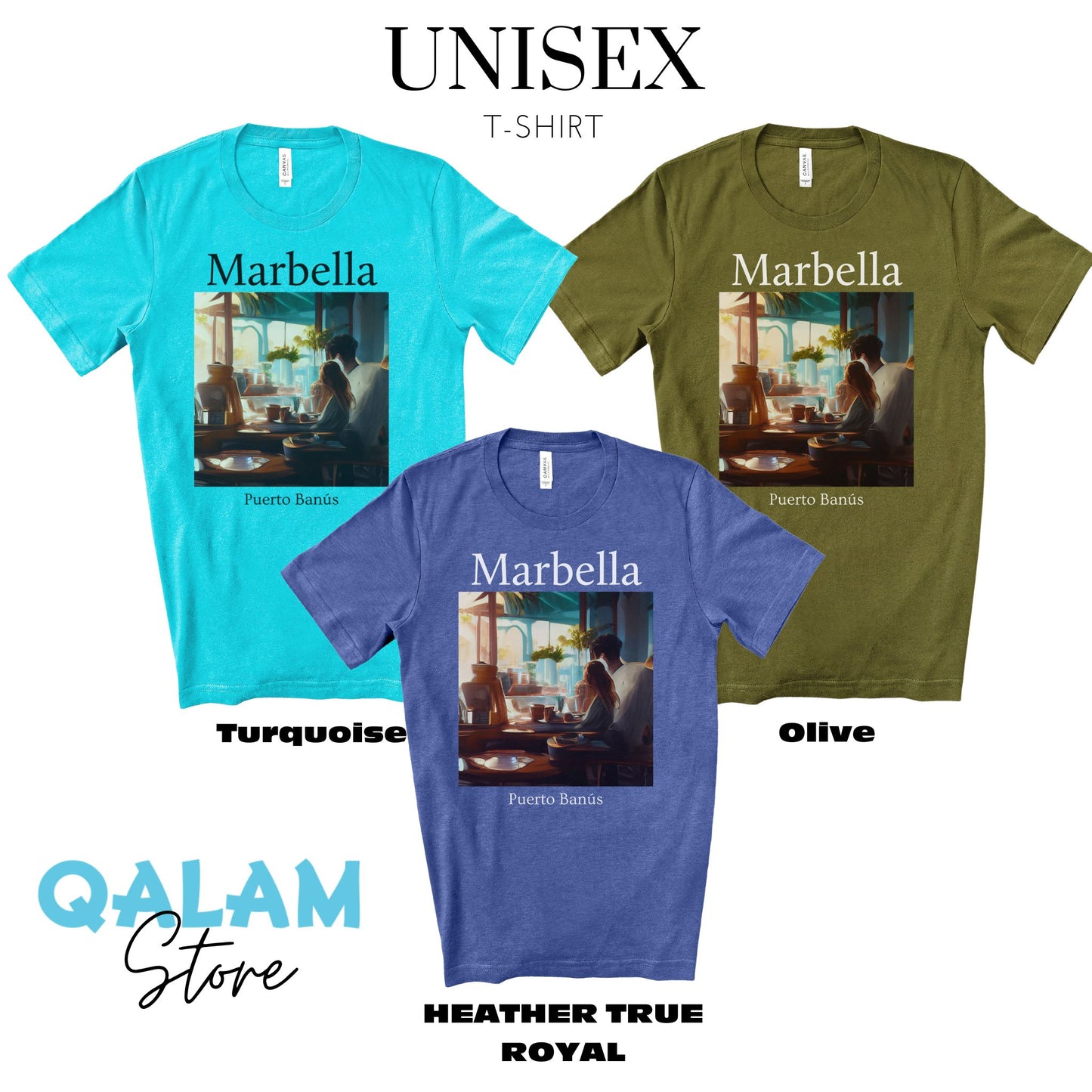 Coffee At Puerto Banús In Marbella Spain - Original Art. Unisex Jersey Short Sleeve Tee.