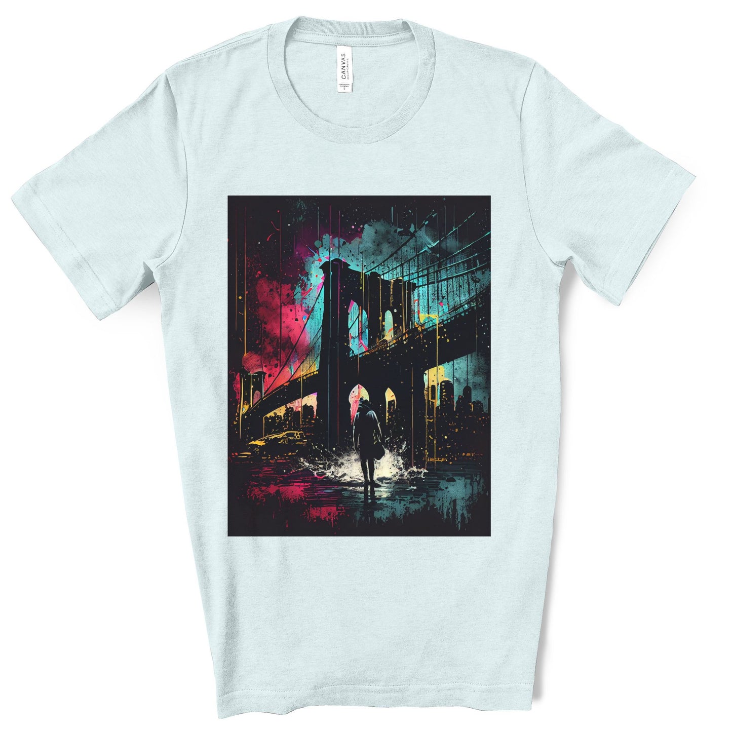 Night At The New York Historic Brooklyn Bridge. Original Art. Unisex Jersey Short Sleeve Tee.