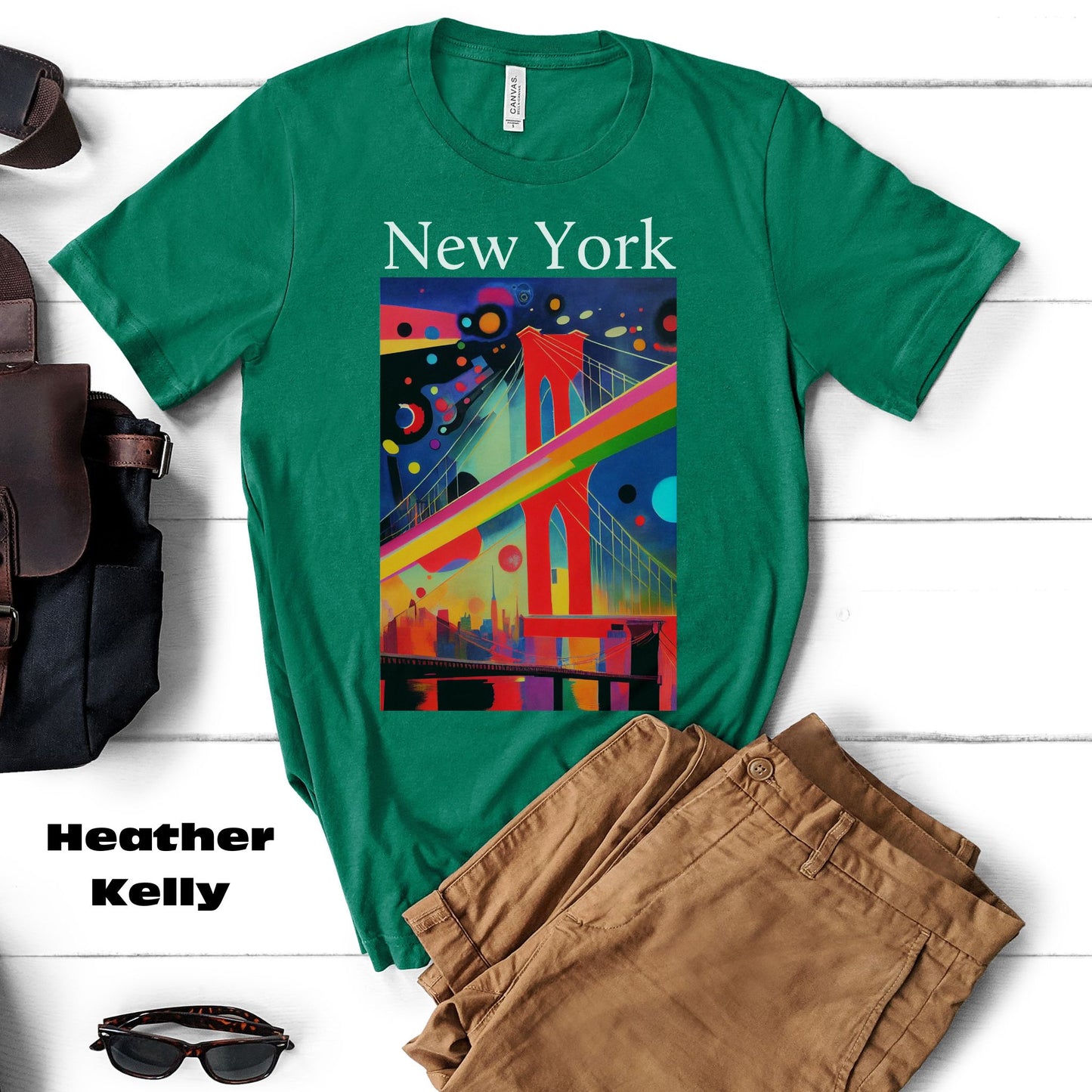 Colorful Night At The Brooklyn Bridge, New York City. Original Art. Unisex Jersey Short Sleeve Tee.