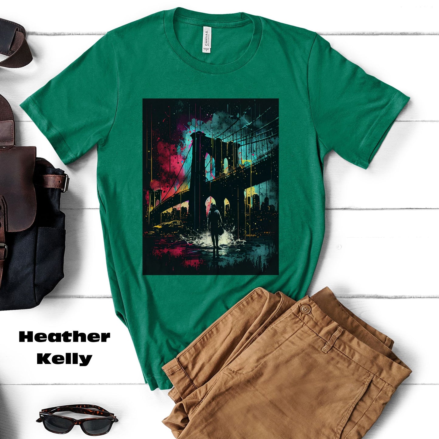 Night At The New York Historic Brooklyn Bridge. Original Art. Unisex Jersey Short Sleeve Tee.