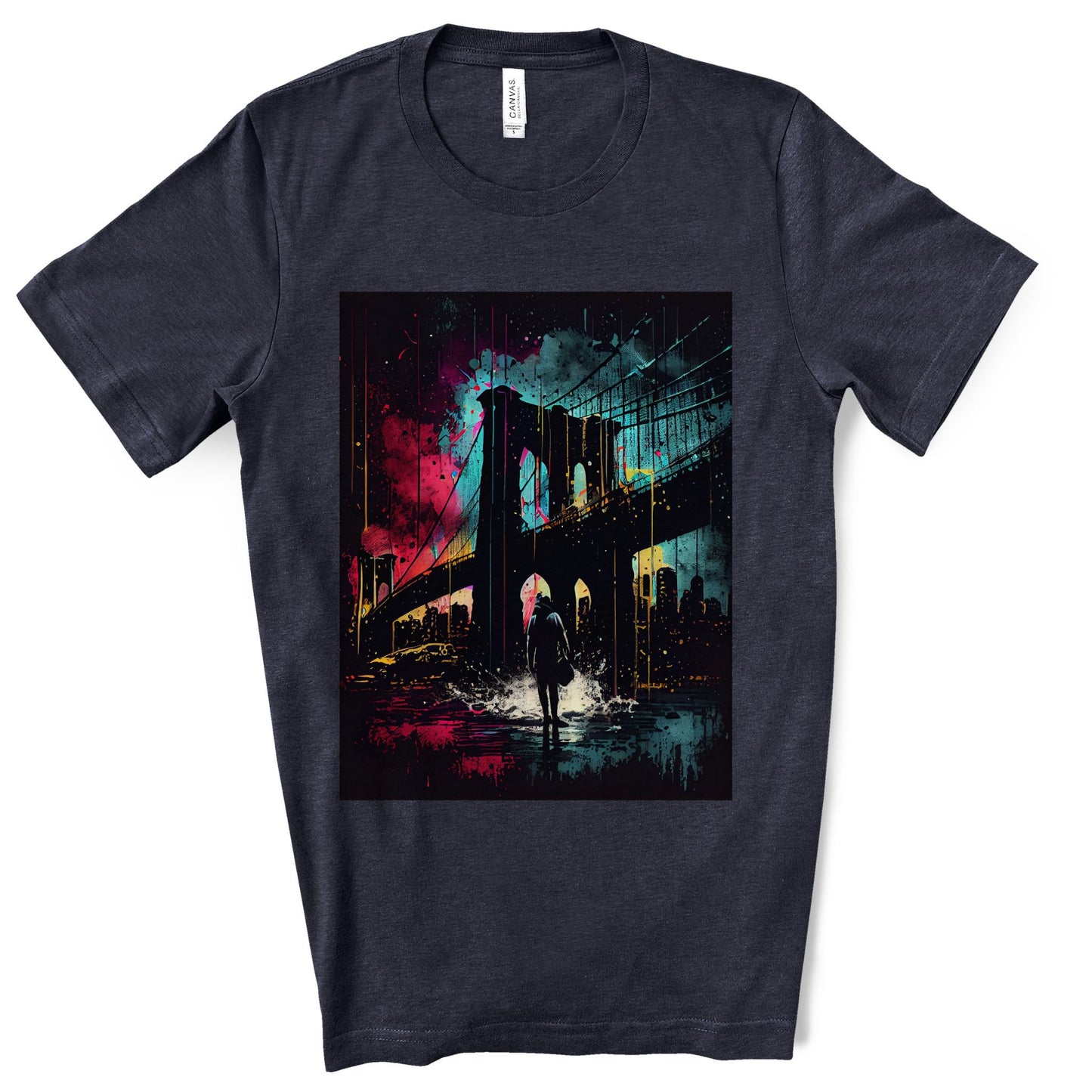 Night At The New York Historic Brooklyn Bridge. Original Art. Unisex Jersey Short Sleeve Tee.