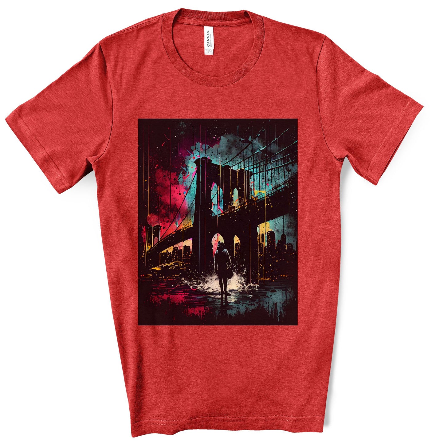 Night At The New York Historic Brooklyn Bridge. Original Art. Unisex Jersey Short Sleeve Tee.
