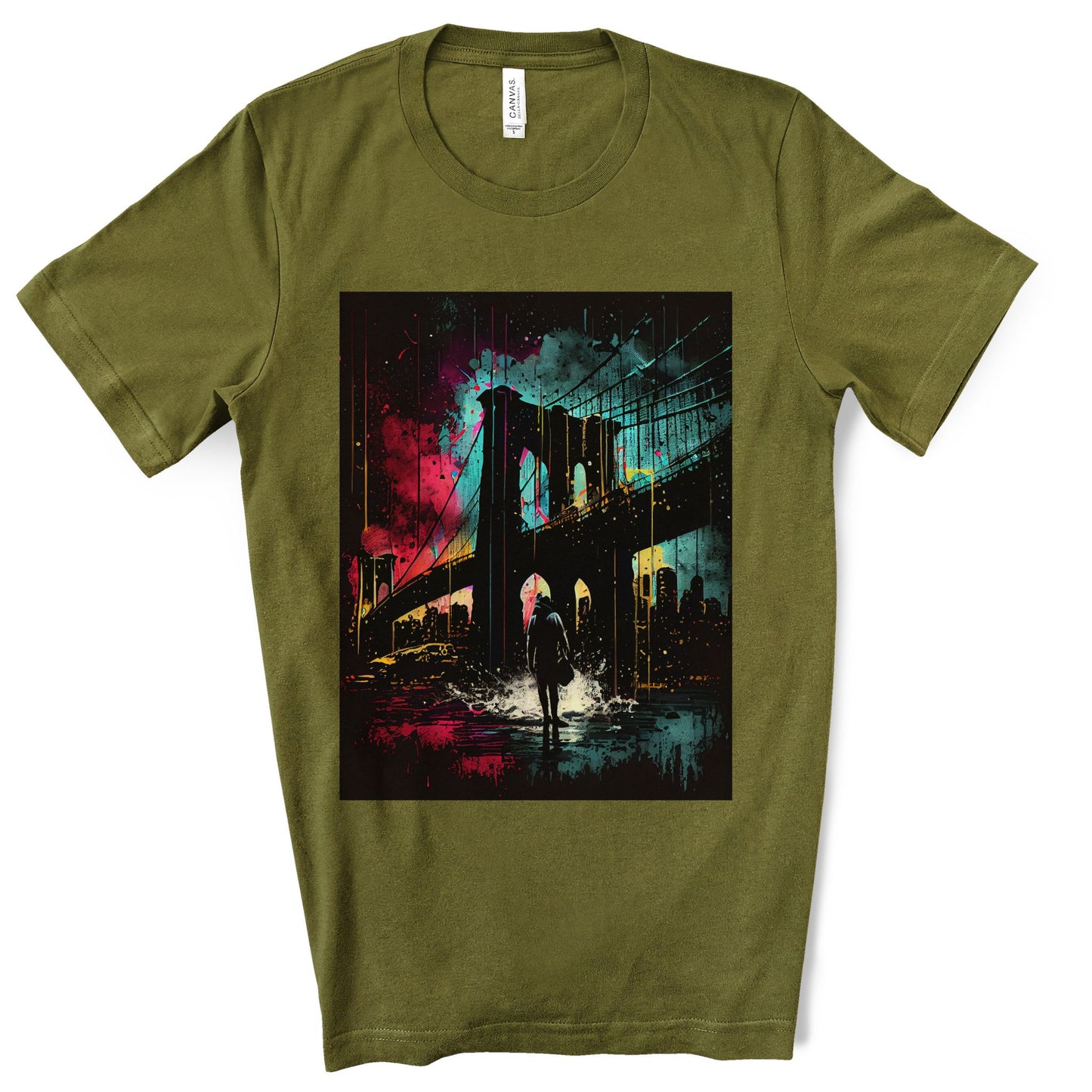 Night At The New York Historic Brooklyn Bridge. Original Art. Unisex Jersey Short Sleeve Tee.