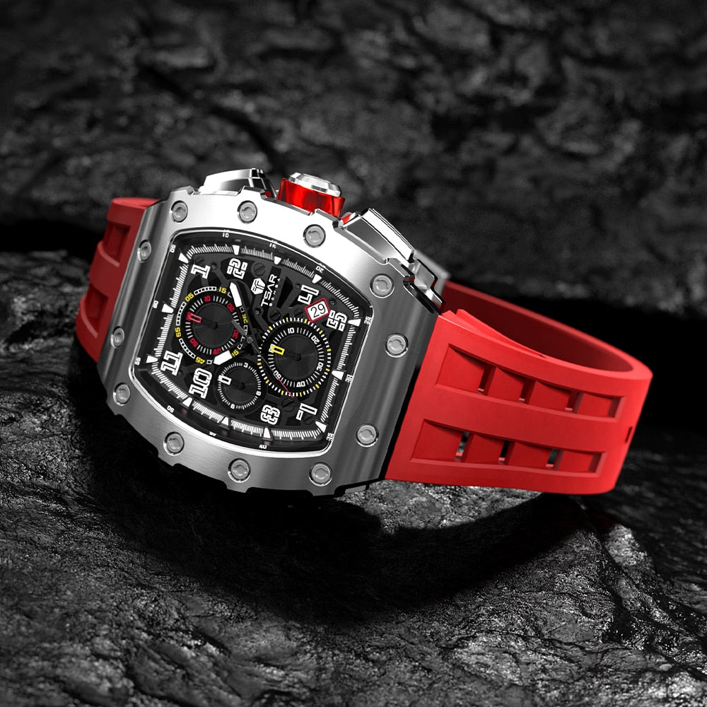 TSAR BOMBA Mens Watch Top Brand Luxury Tonneau Clock 50M Waterproof Stainless Steel Wristwatch Sport Chronograph Watch for Men