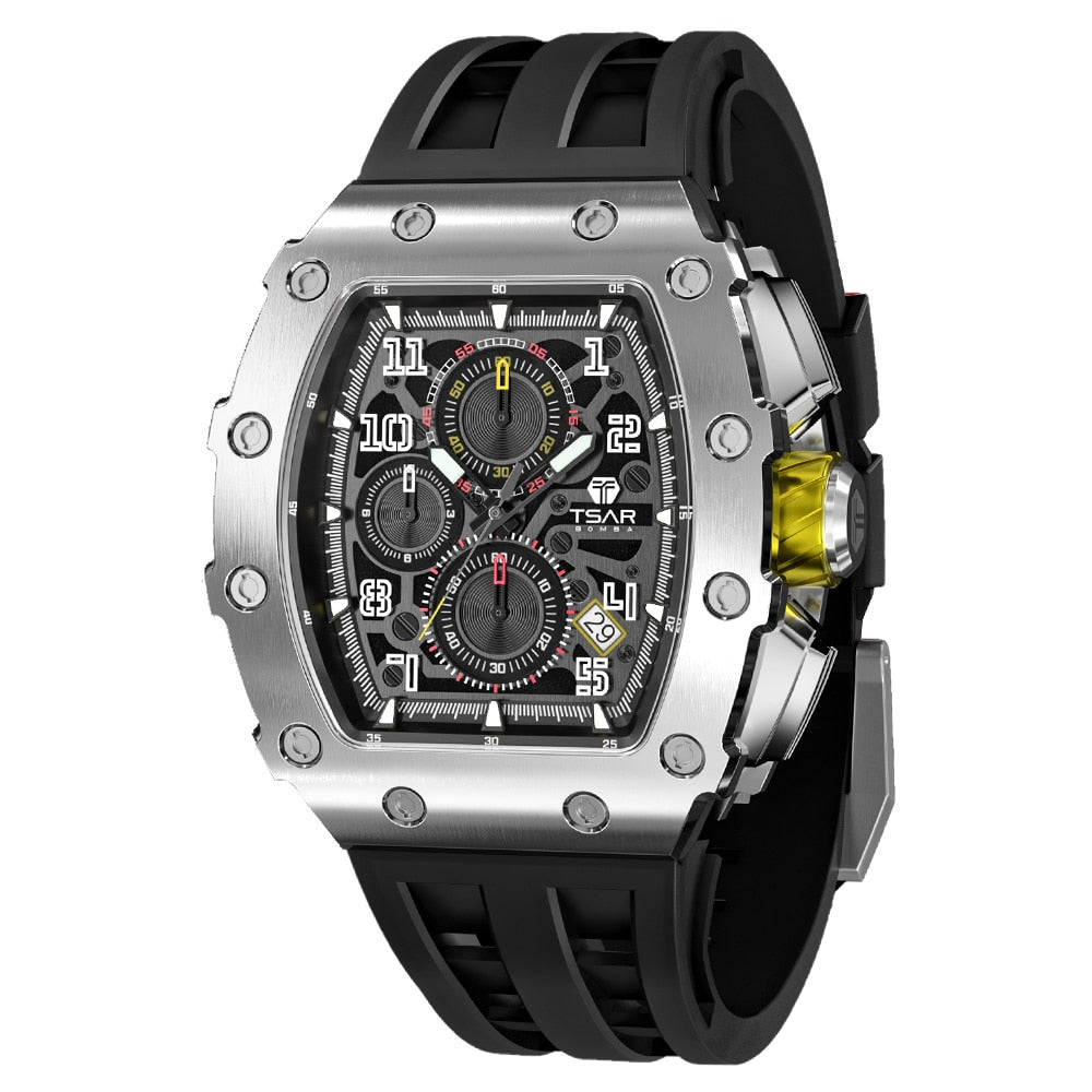 TSAR BOMBA Mens Watch Top Brand Luxury Tonneau Clock 50M Waterproof Stainless Steel Wristwatch Sport Chronograph Watch for Men