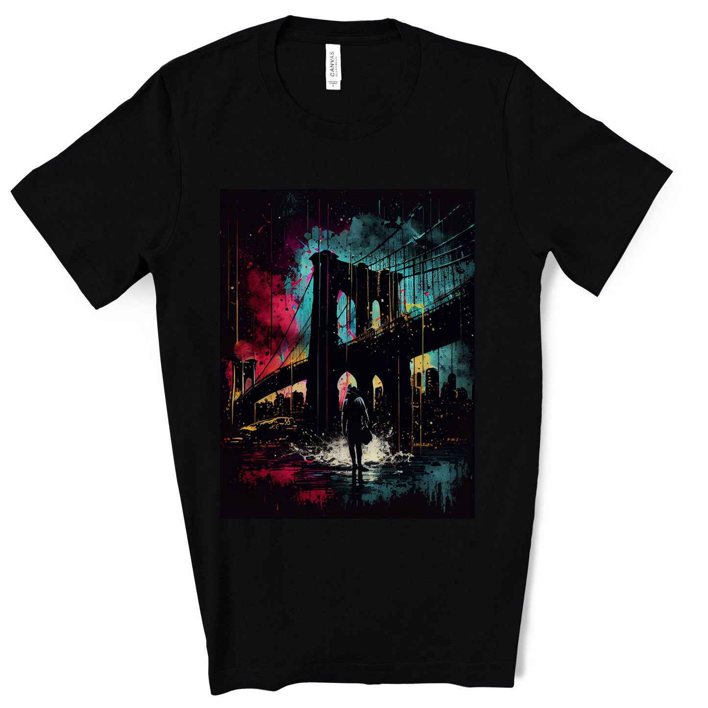 Night At The New York Historic Brooklyn Bridge. Original Art. Unisex Jersey Short Sleeve Tee.