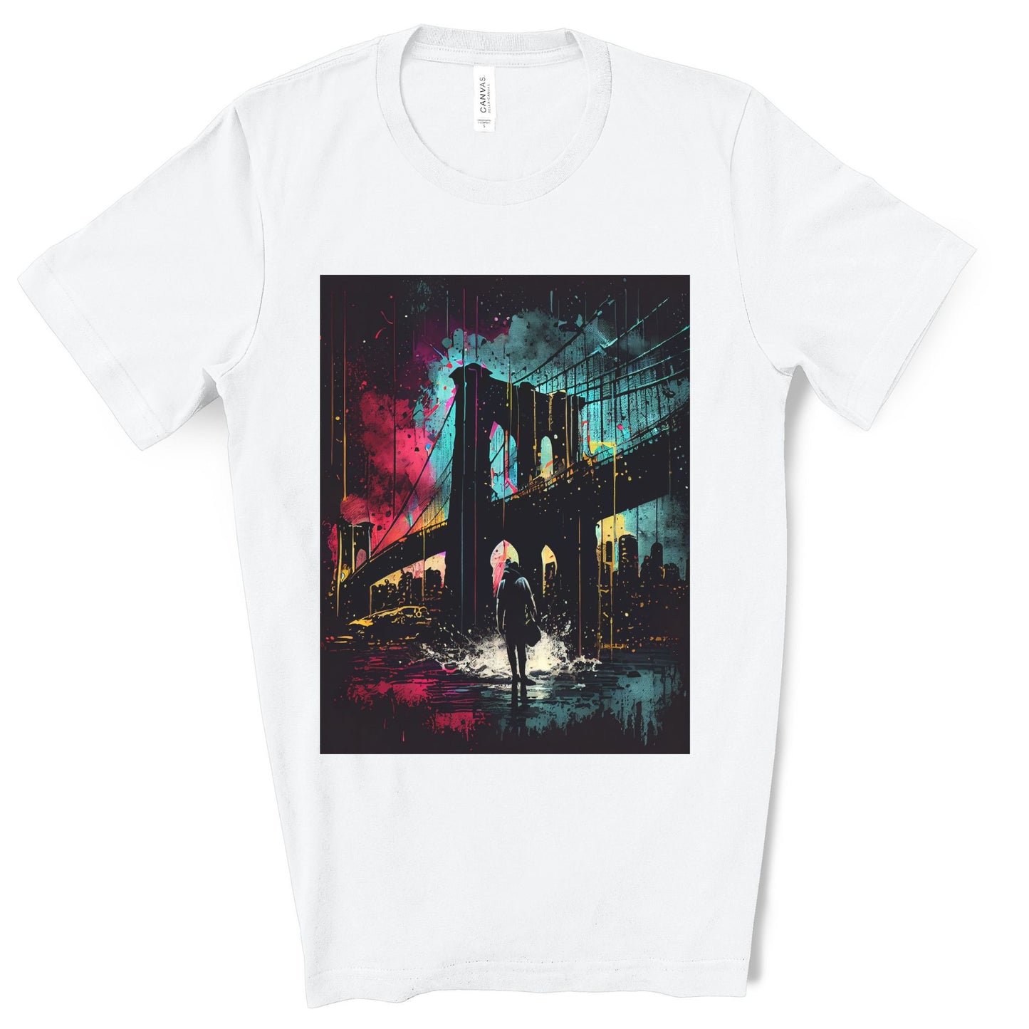 Night At The New York Historic Brooklyn Bridge. Original Art. Unisex Jersey Short Sleeve Tee.