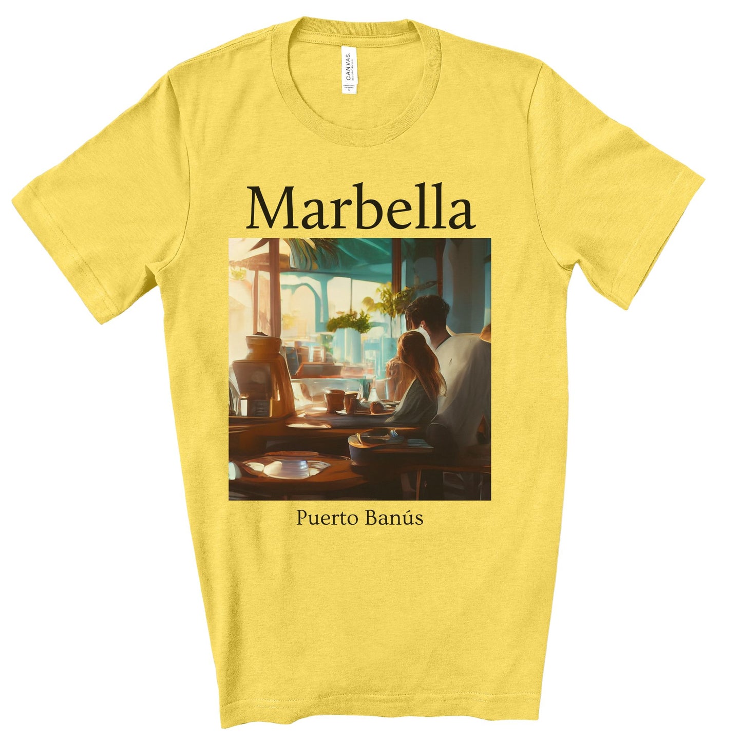 Coffee At Puerto Banús In Marbella Spain - Original Art. Unisex Jersey Short Sleeve Tee.