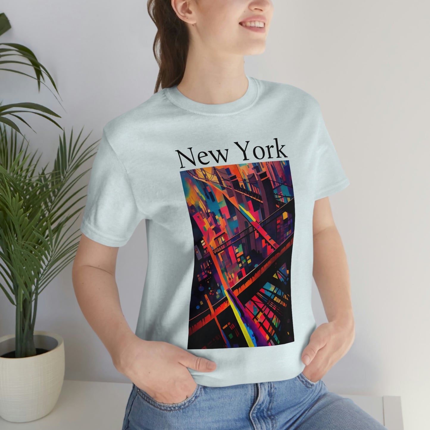 New York Historic Brooklyn Bridge In A Cubism Original Art. Unisex Jersey Short Sleeve Tee.