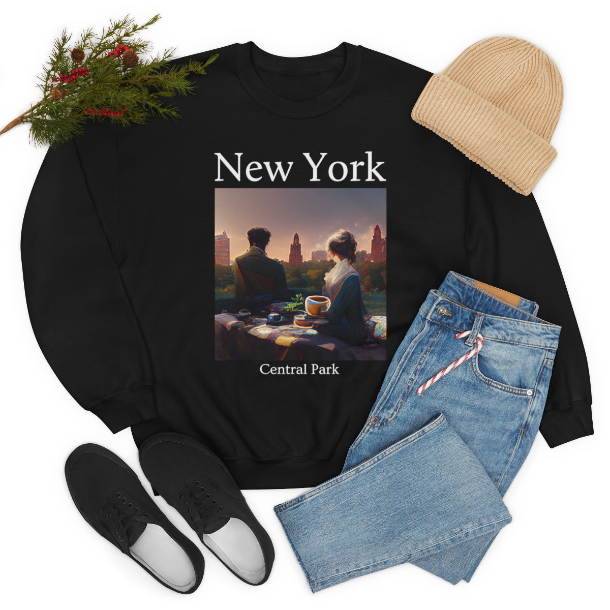 Coffee At Central Park In New York City - Original Art. Unisex Heavy Blend Crewneck Sweatshirt.