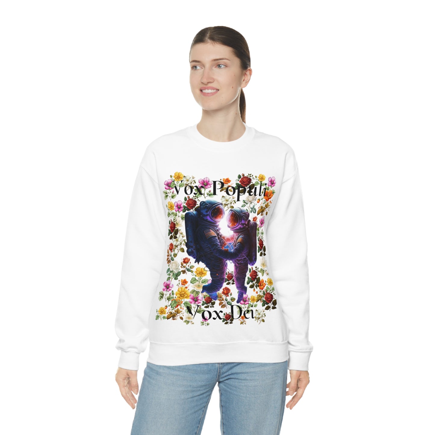 Flowers in Zero-G: A Cosmic Love Story. Original Art. Unisex Heavy Blend Crewneck Sweatshirt.