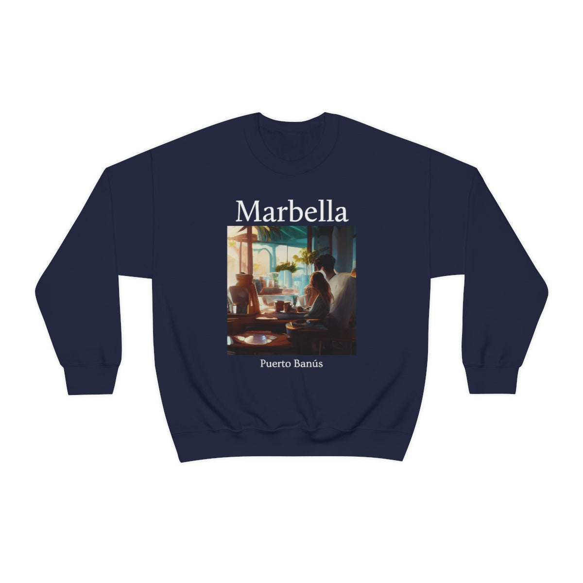 Coffee At Puerto Banús In Marbella Spain - Original Art. Unisex Heavy Blend Crewneck Sweatshirt.
