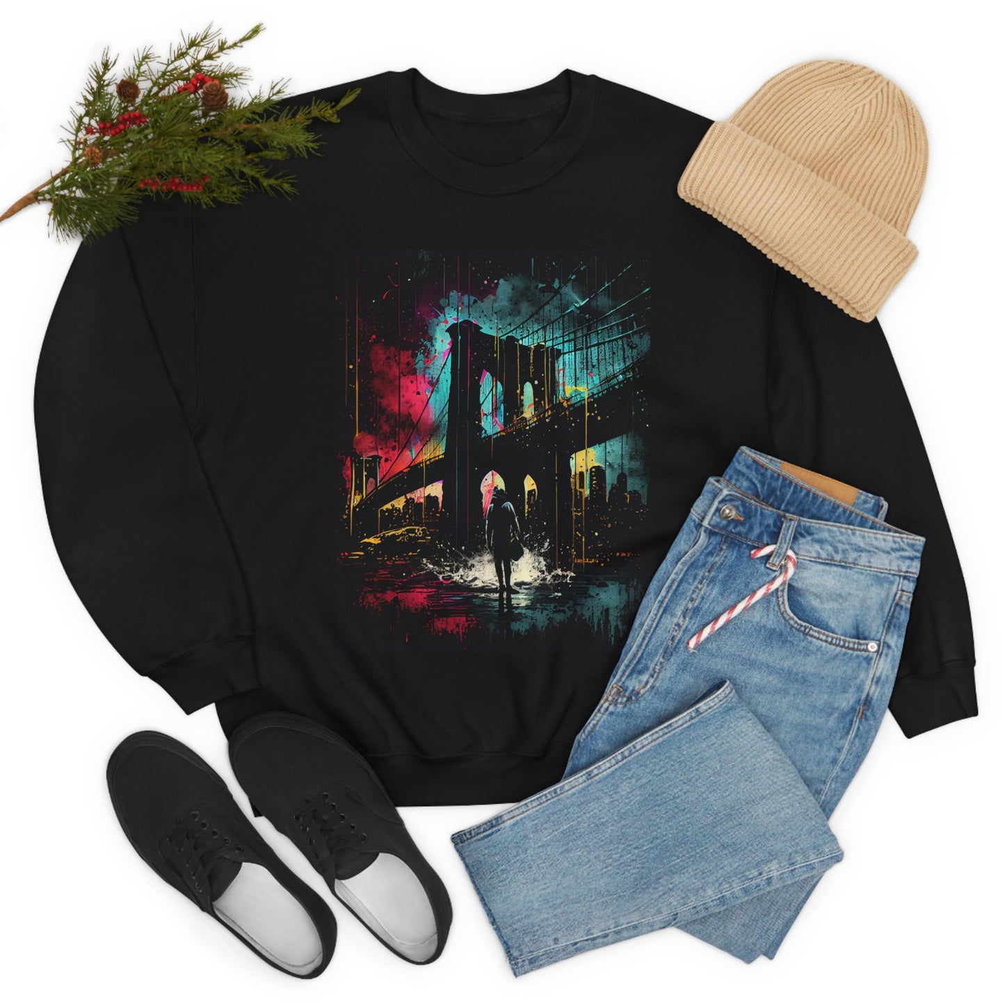 Night At The New York City Iconic Brooklyn Bridge. Original Art. Unisex Heavy Blend Crewneck Sweatshirt.