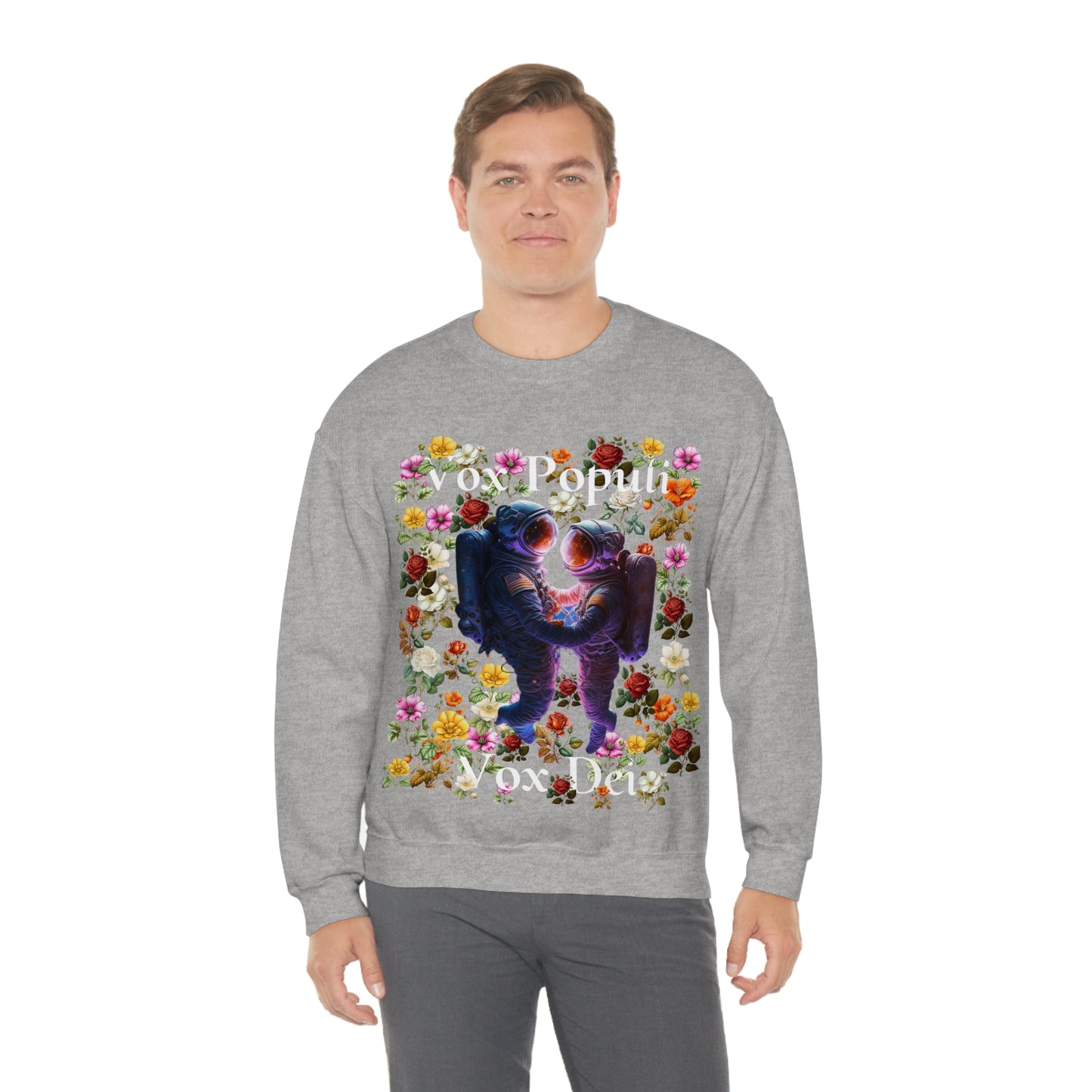 Flowers in Zero-G: A Cosmic Love Story. Original Art. Unisex Heavy Blend Crewneck Sweatshirt.
