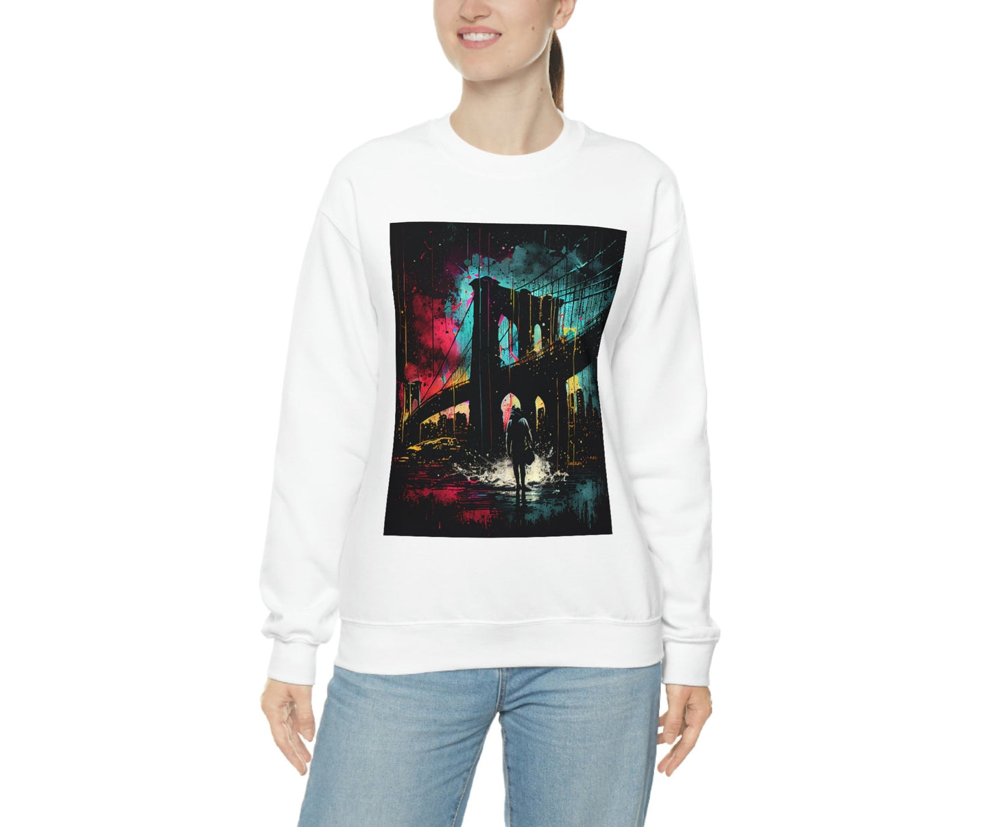 Night At The New York City Iconic Brooklyn Bridge. Original Art. Unisex Heavy Blend Crewneck Sweatshirt.