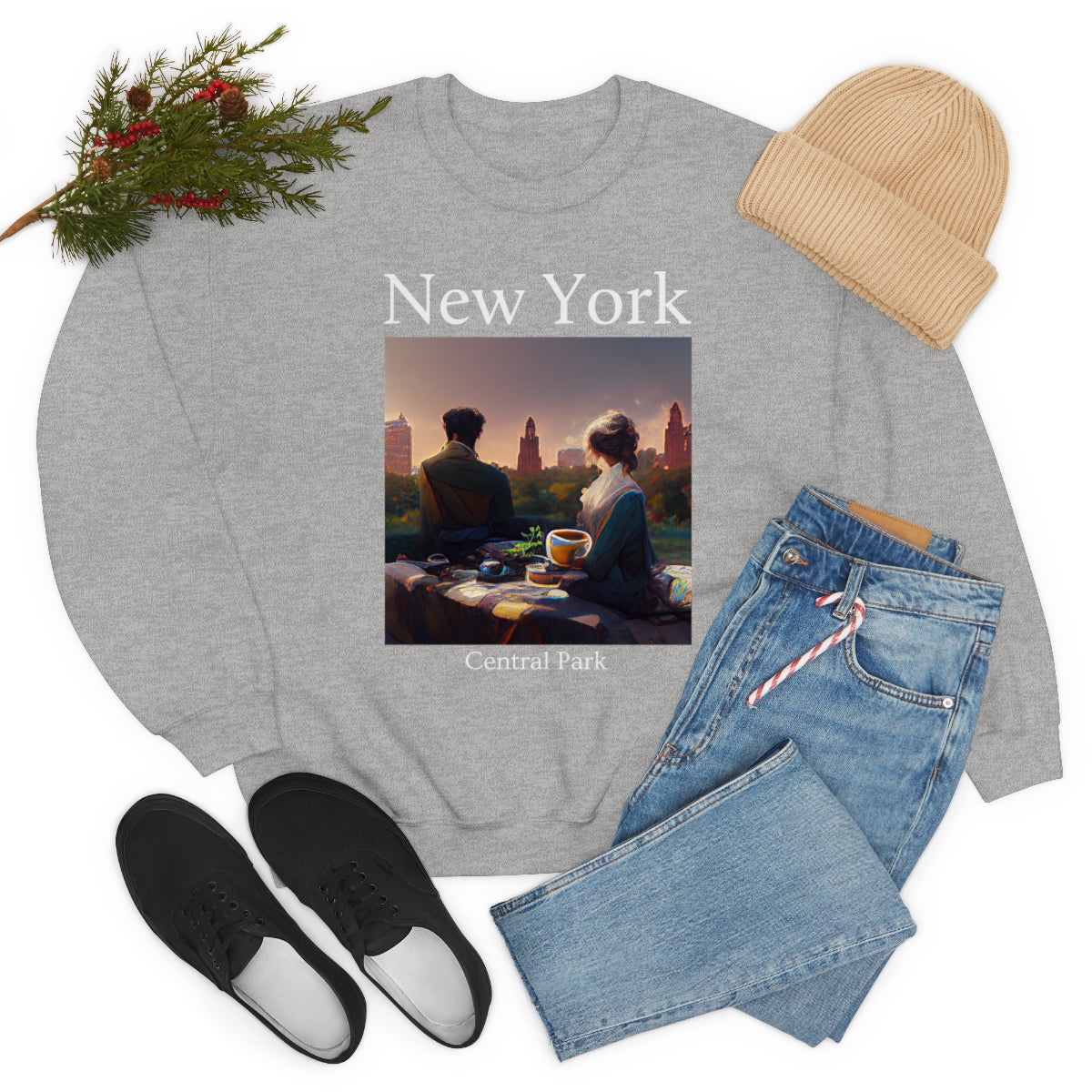 Coffee At Central Park In New York City - Original Art. Unisex Heavy Blend Crewneck Sweatshirt.