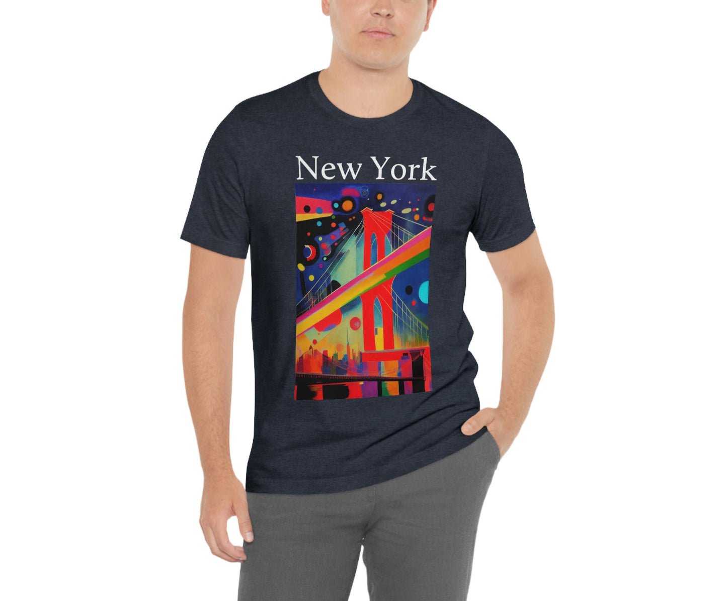 Colorful Night At The Brooklyn Bridge, New York City. Original Art. Unisex Jersey Short Sleeve Tee.