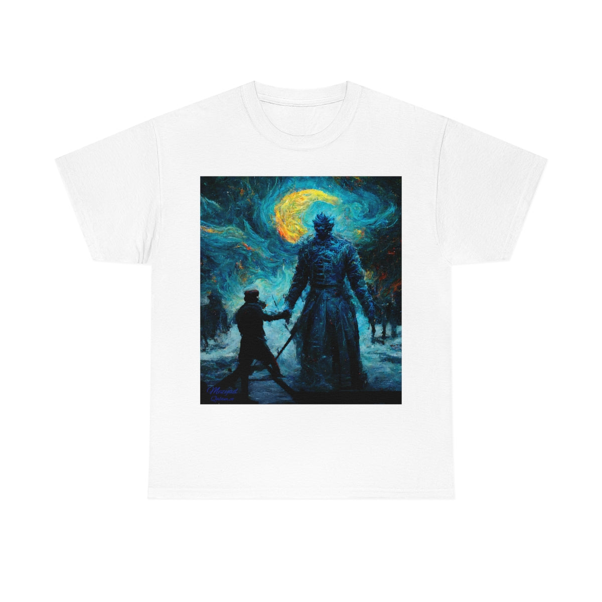 Starry Night Van Gogh and GoT Original Art. Night King Final Battle with Not Today Inscribed In The Back. Unisex Heavy Cotton Tee.