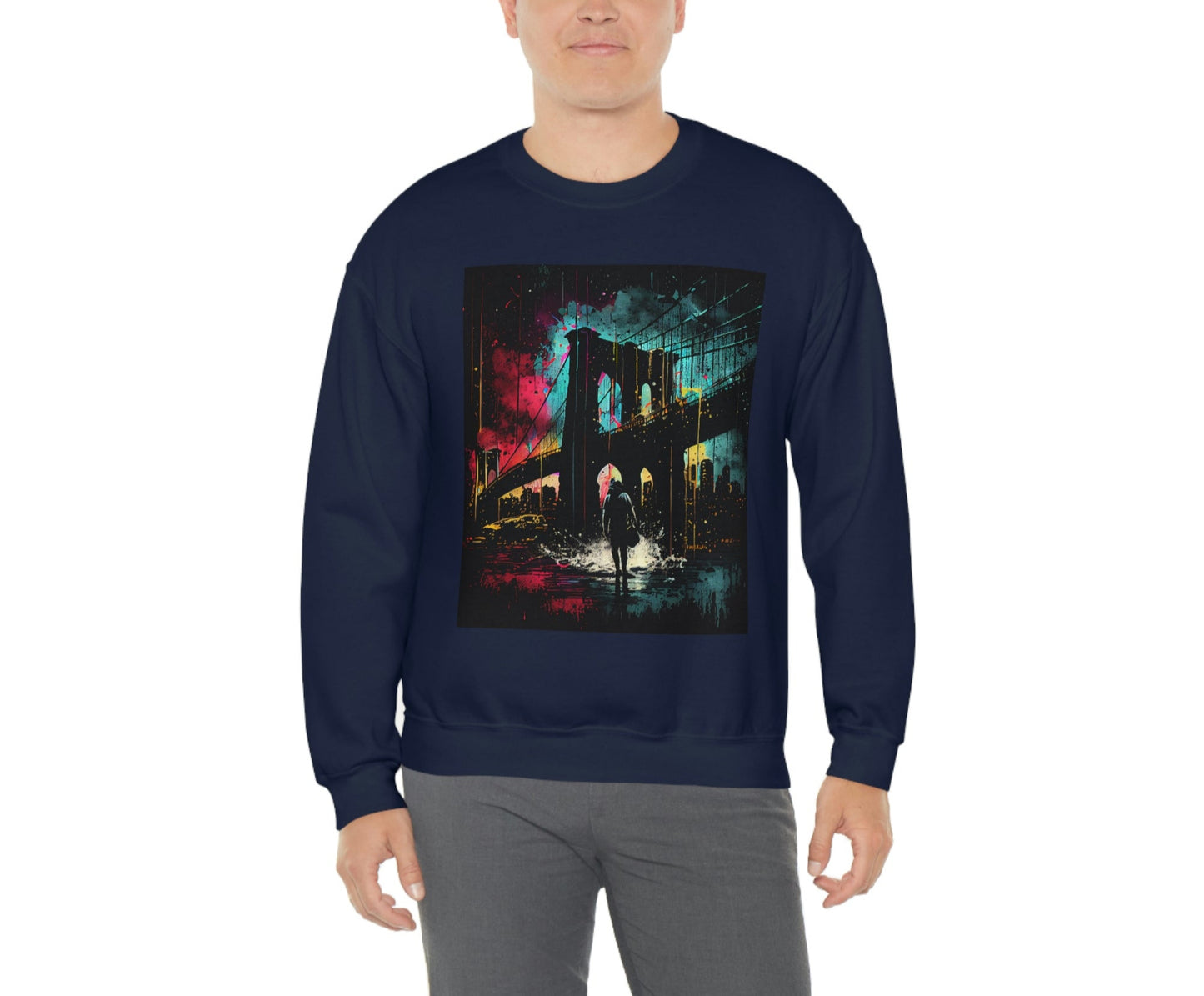 Night At The New York City Iconic Brooklyn Bridge. Original Art. Unisex Heavy Blend Crewneck Sweatshirt.
