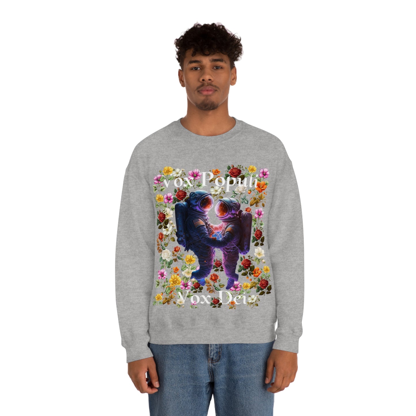 Flowers in Zero-G: A Cosmic Love Story. Original Art. Unisex Heavy Blend Crewneck Sweatshirt.