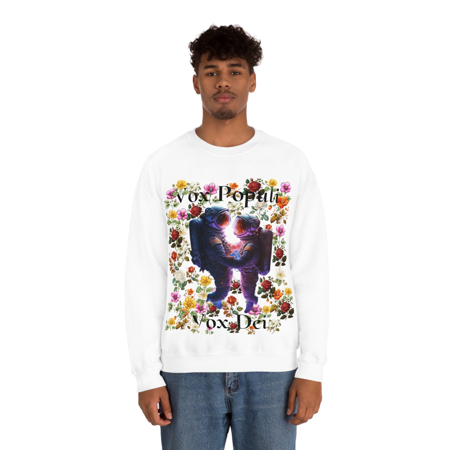 Flowers in Zero-G: A Cosmic Love Story. Original Art. Unisex Heavy Blend Crewneck Sweatshirt.