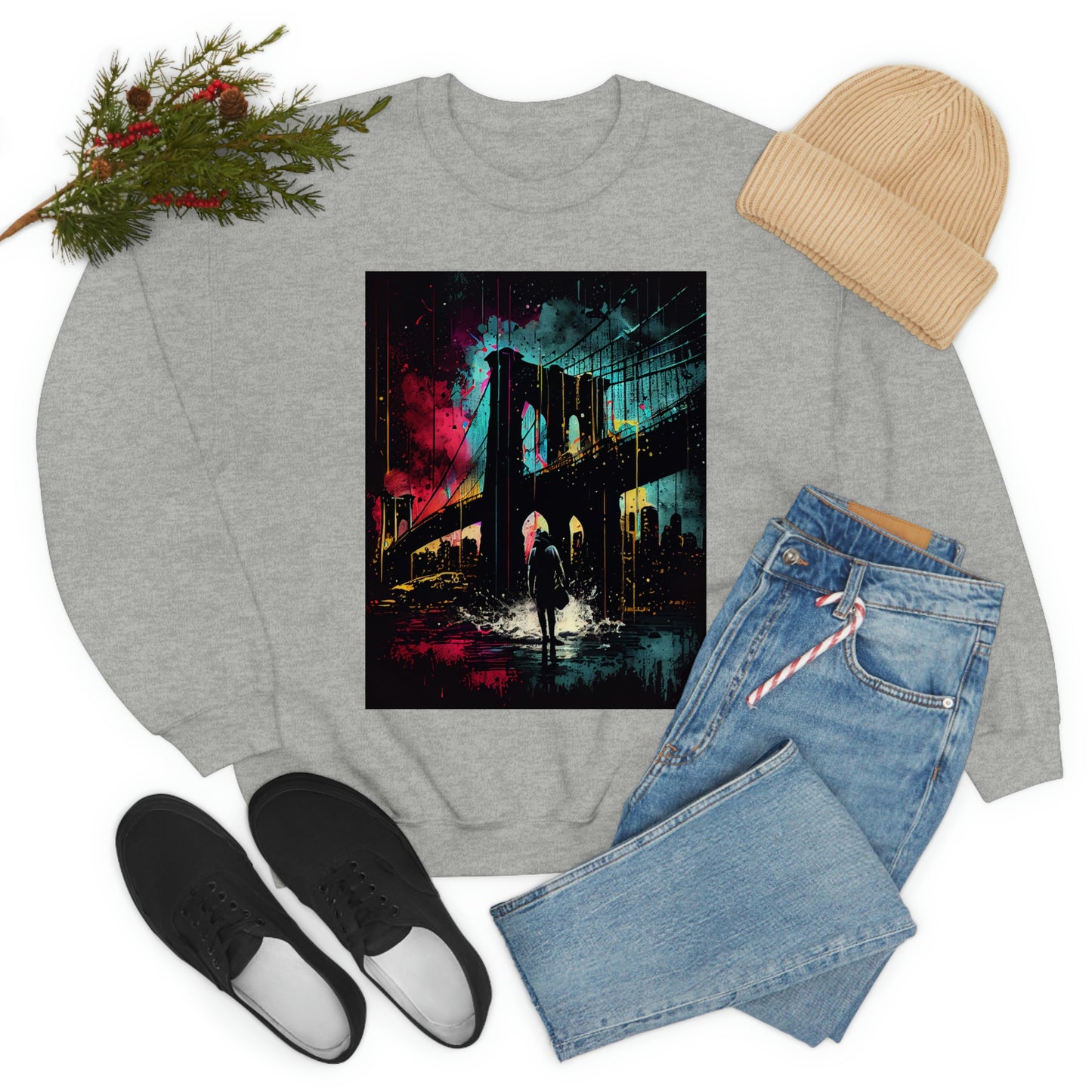 Night At The New York City Iconic Brooklyn Bridge. Original Art. Unisex Heavy Blend Crewneck Sweatshirt.