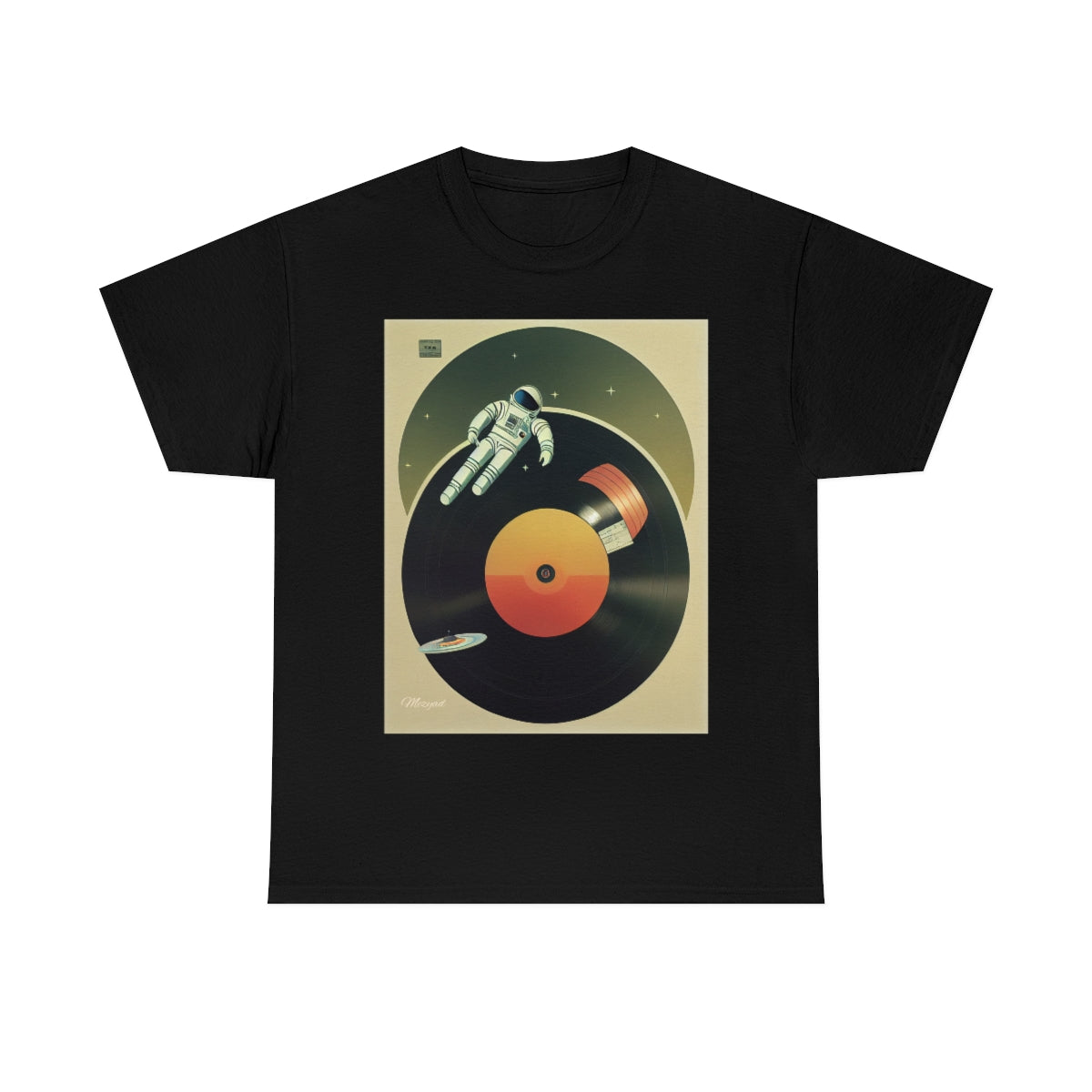 Astronaut Engraving Retro Music on a Vinyl. Original Artwork. Unisex Heavy Cotton Tee.