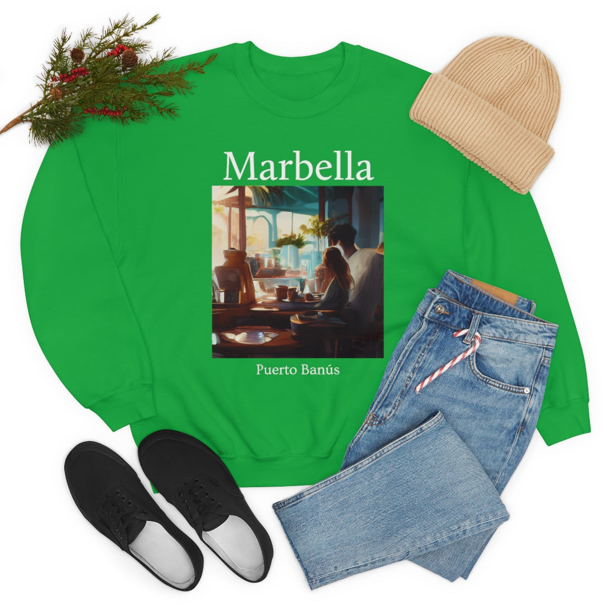 Coffee At Puerto Banús In Marbella Spain - Original Art. Unisex Heavy Blend Crewneck Sweatshirt.