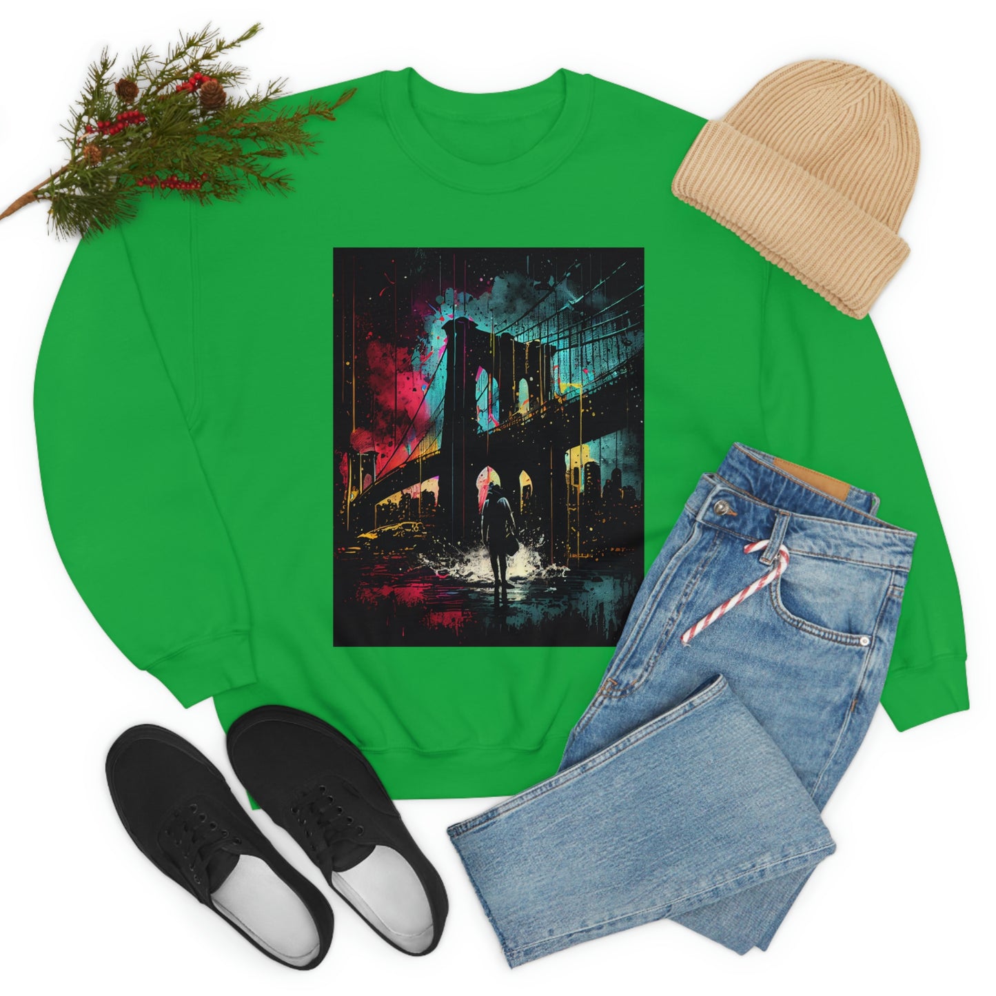 Night At The New York City Iconic Brooklyn Bridge. Original Art. Unisex Heavy Blend Crewneck Sweatshirt.
