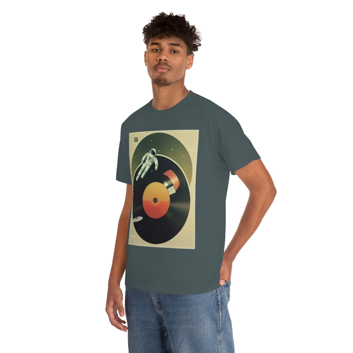 Astronaut Engraving Retro Music on a Vinyl. Original Artwork. Unisex Heavy Cotton Tee.