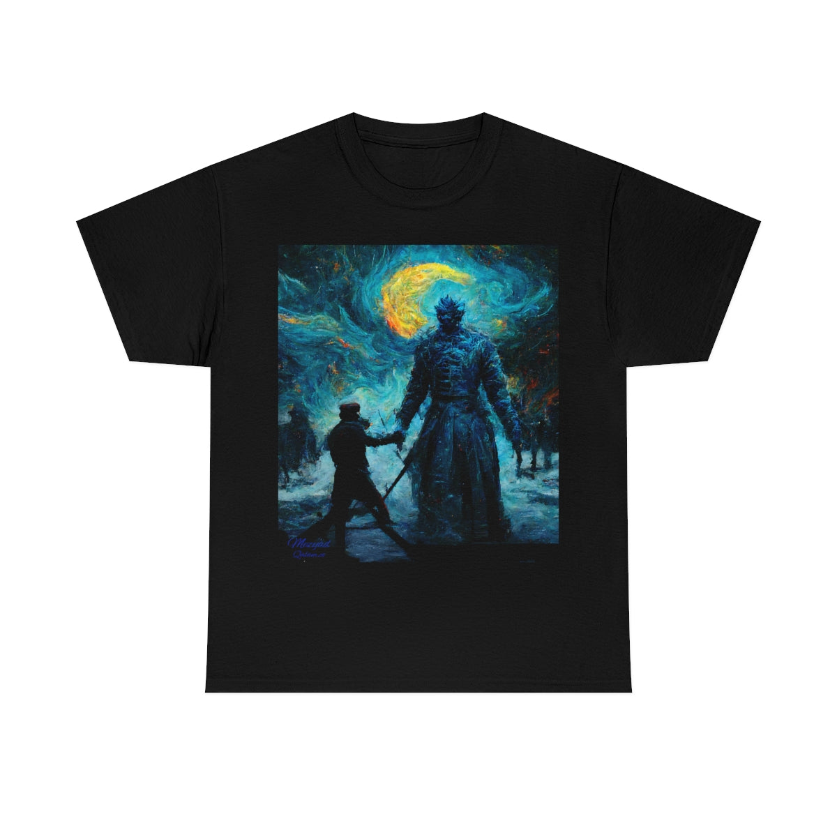 Starry Night Van Gogh and GoT Original Art. Night King Final Battle with Not Today Inscribed In The Back. Unisex Heavy Cotton Tee.