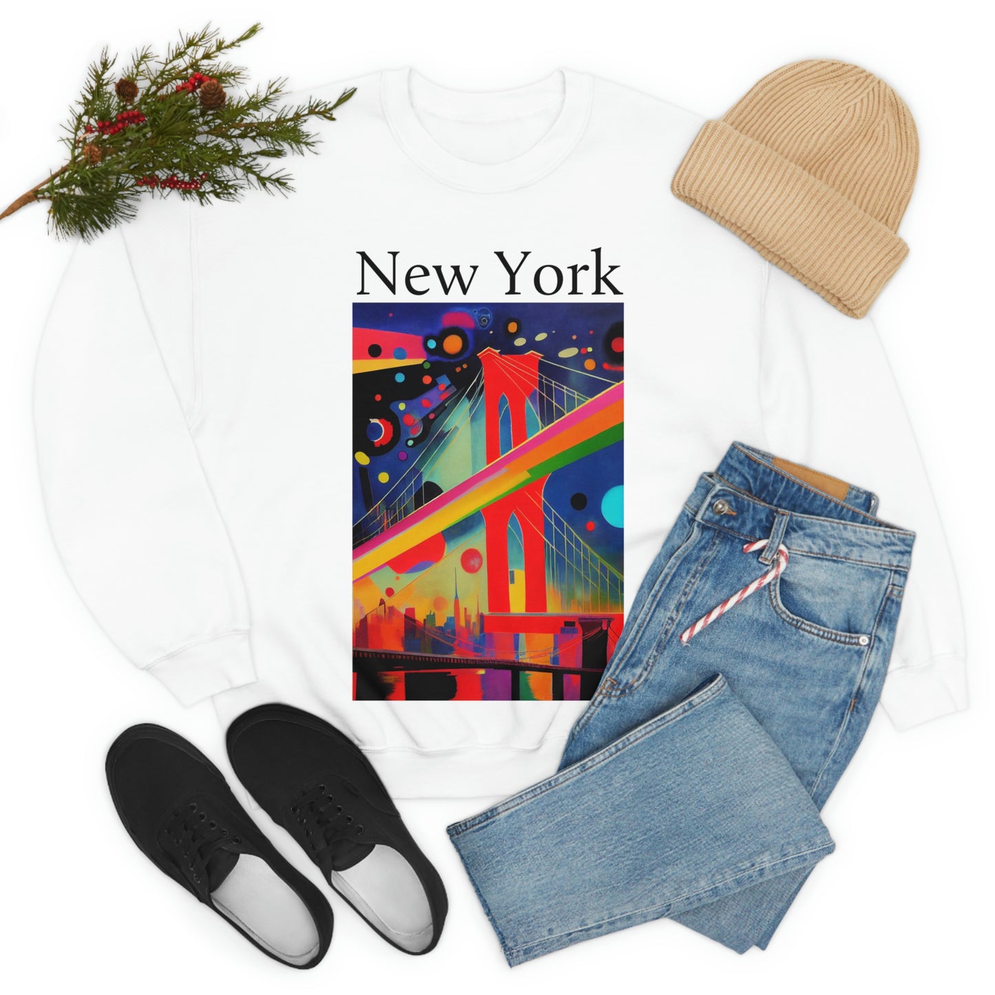 Colorful Night at The Brooklyn Bridge, New York City. Original Art. Unisex Heavy Blend Crewneck Sweatshirt.