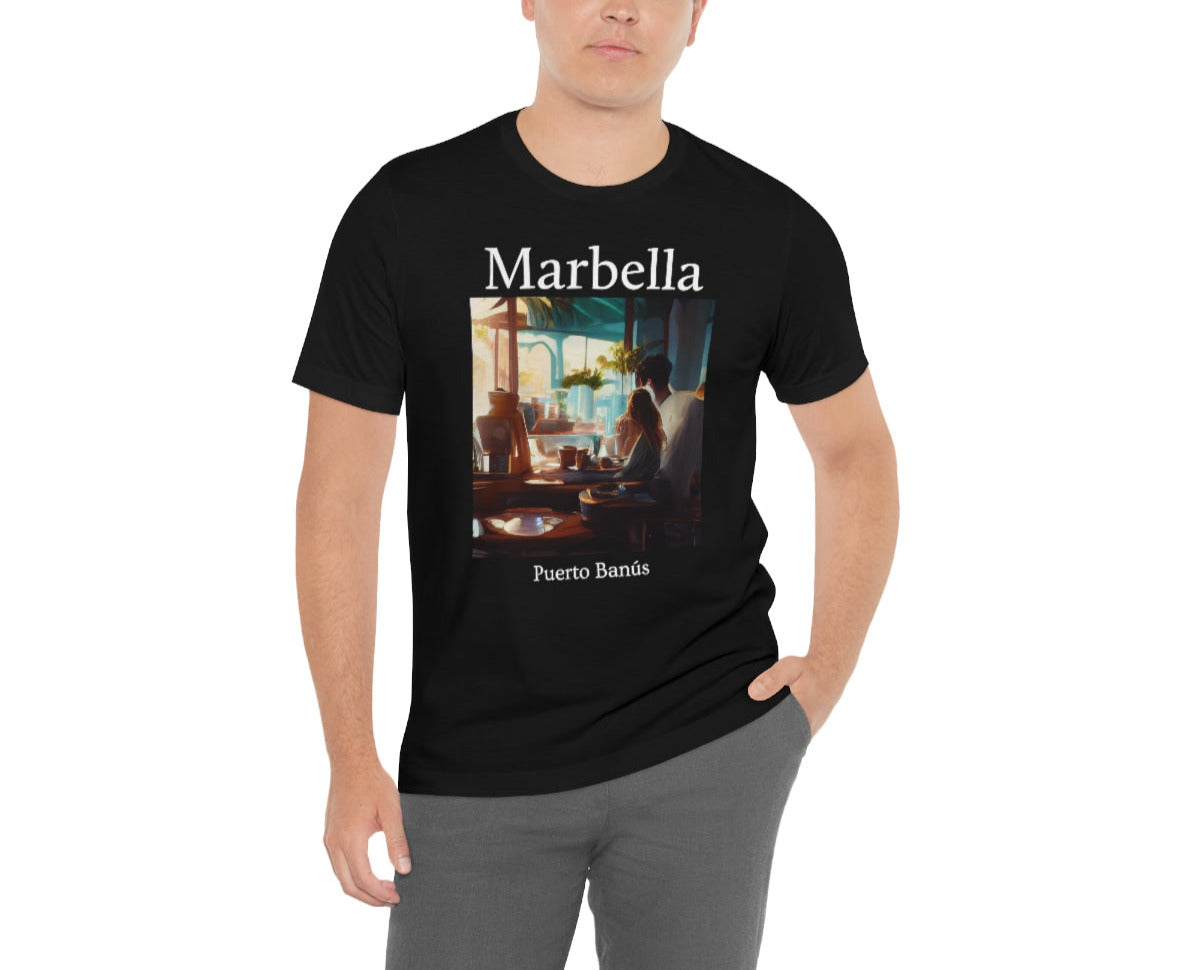 Coffee At Puerto Banús In Marbella Spain - Original Art. Unisex Jersey Short Sleeve Tee.