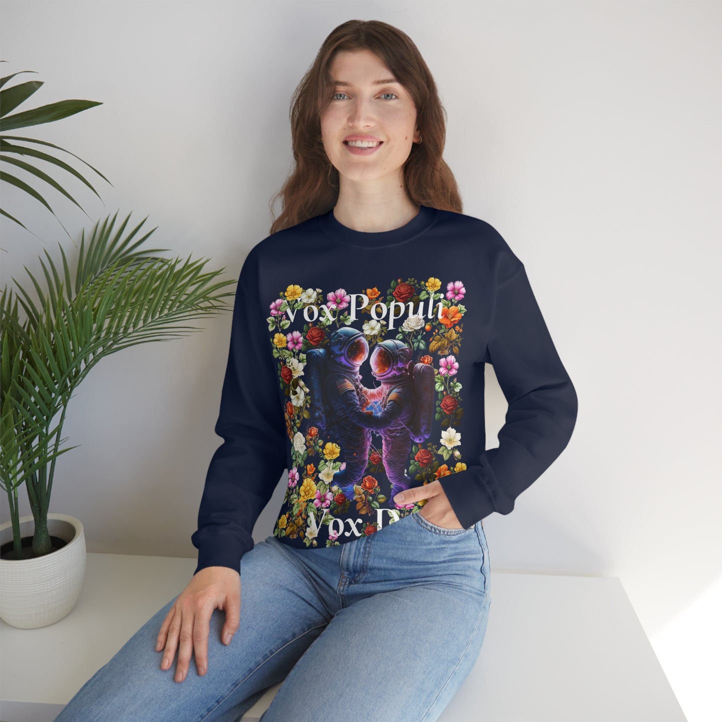 Flowers in Zero-G: A Cosmic Love Story. Original Art. Unisex Heavy Blend Crewneck Sweatshirt.
