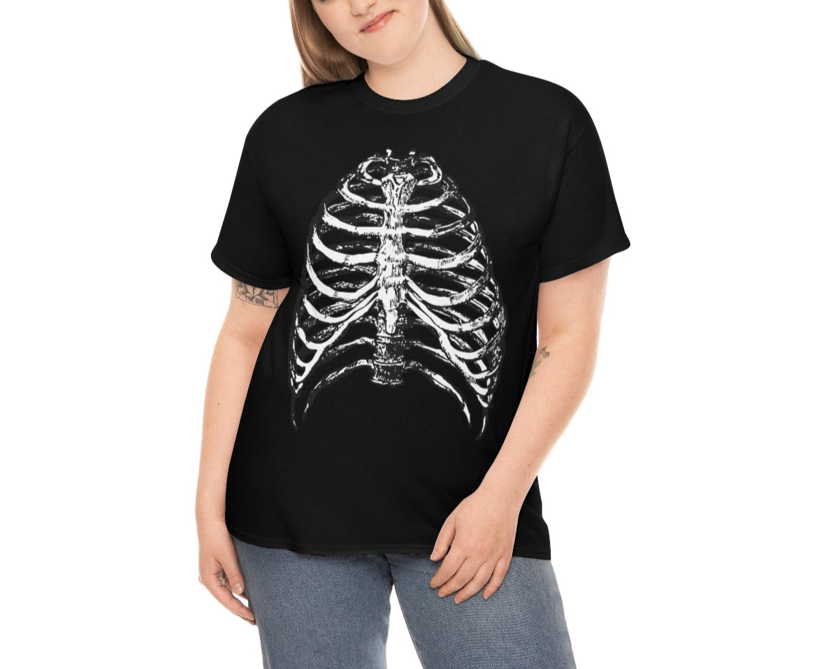 Skeleton Shirt. Halloween Easy Costume on Rib Cage. Unisex Heavy Cotton Tee.