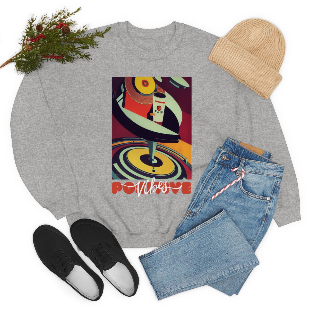Positive Vibes - Retro Vinyl Music Records Original Art. Unisex Heavy Blend Crewneck Sweatshirt.