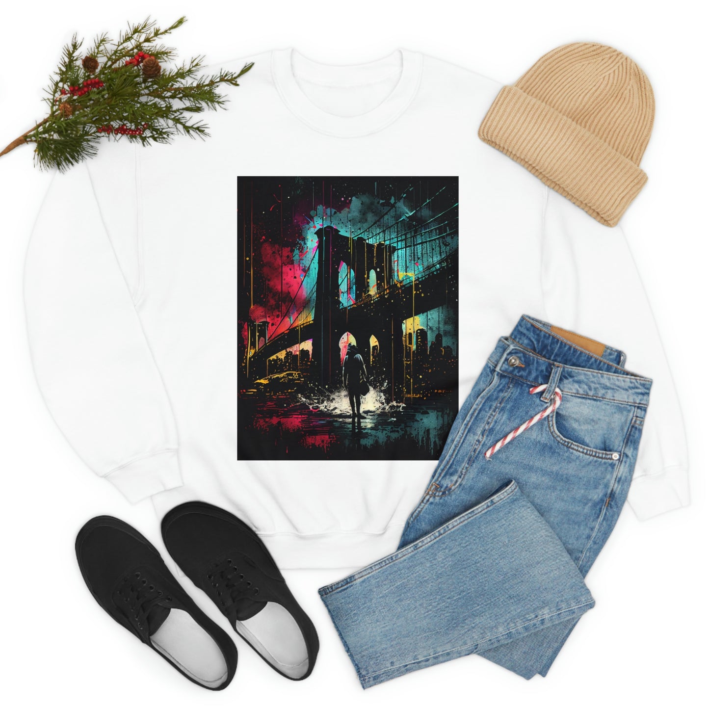 Night At The New York City Iconic Brooklyn Bridge. Original Art. Unisex Heavy Blend Crewneck Sweatshirt.