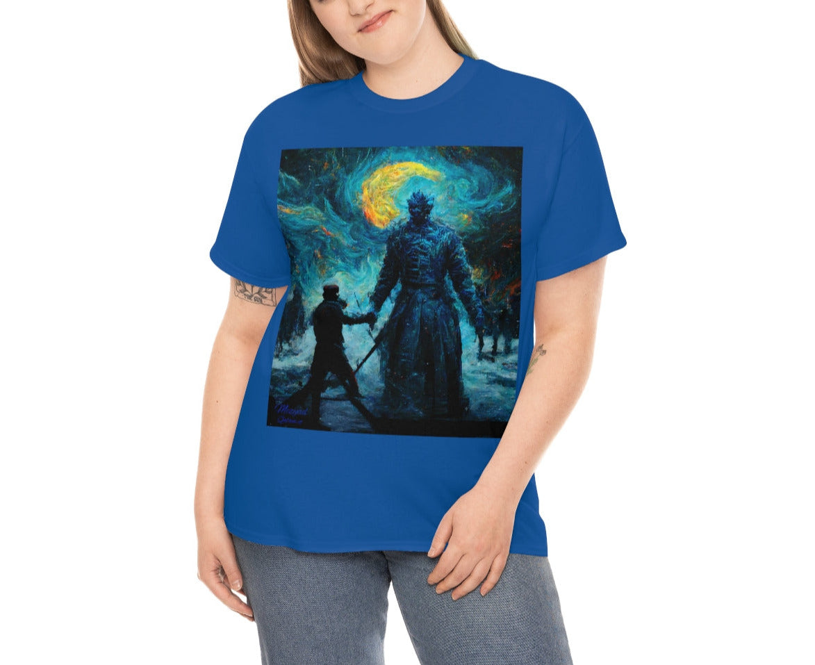 Starry Night Van Gogh and GoT Original Art. Night King Final Battle with Not Today Inscribed In The Back. Unisex Heavy Cotton Tee.