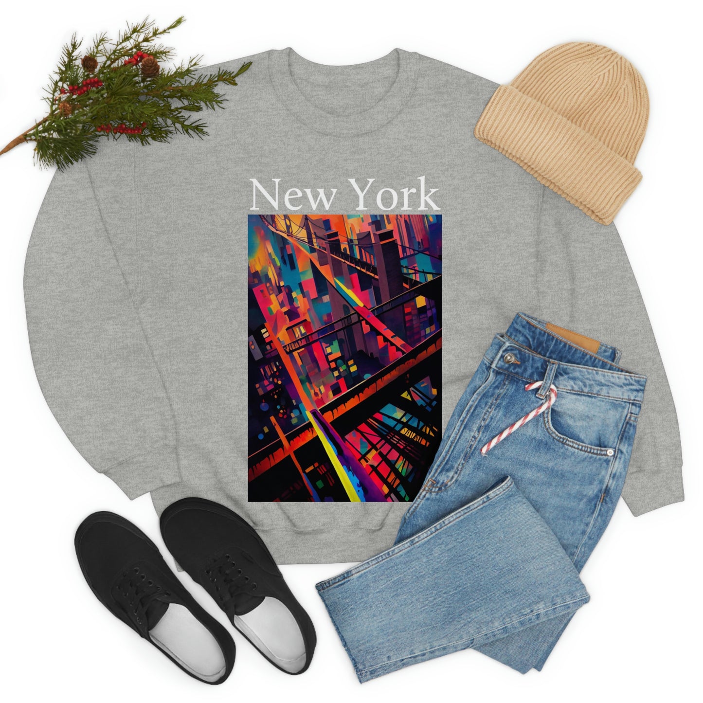New York Historic Brooklyn Bridge In A Cubism Original Art. Unisex Heavy Blend Crewneck Sweatshirt.