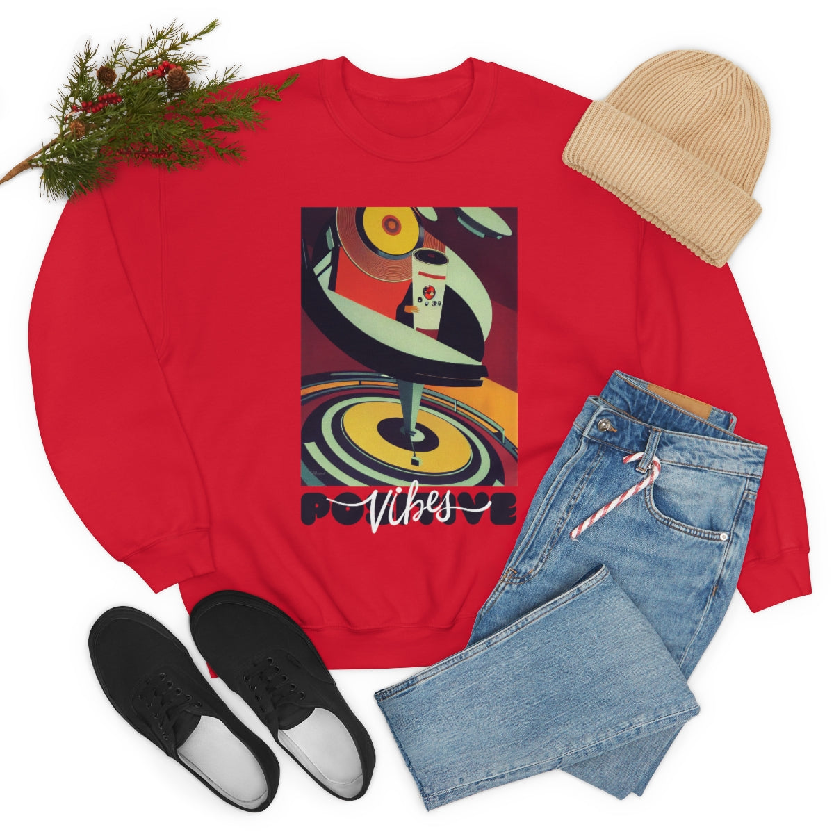 Positive Vibes - Retro Vinyl Music Records Original Art. Unisex Heavy Blend Crewneck Sweatshirt.