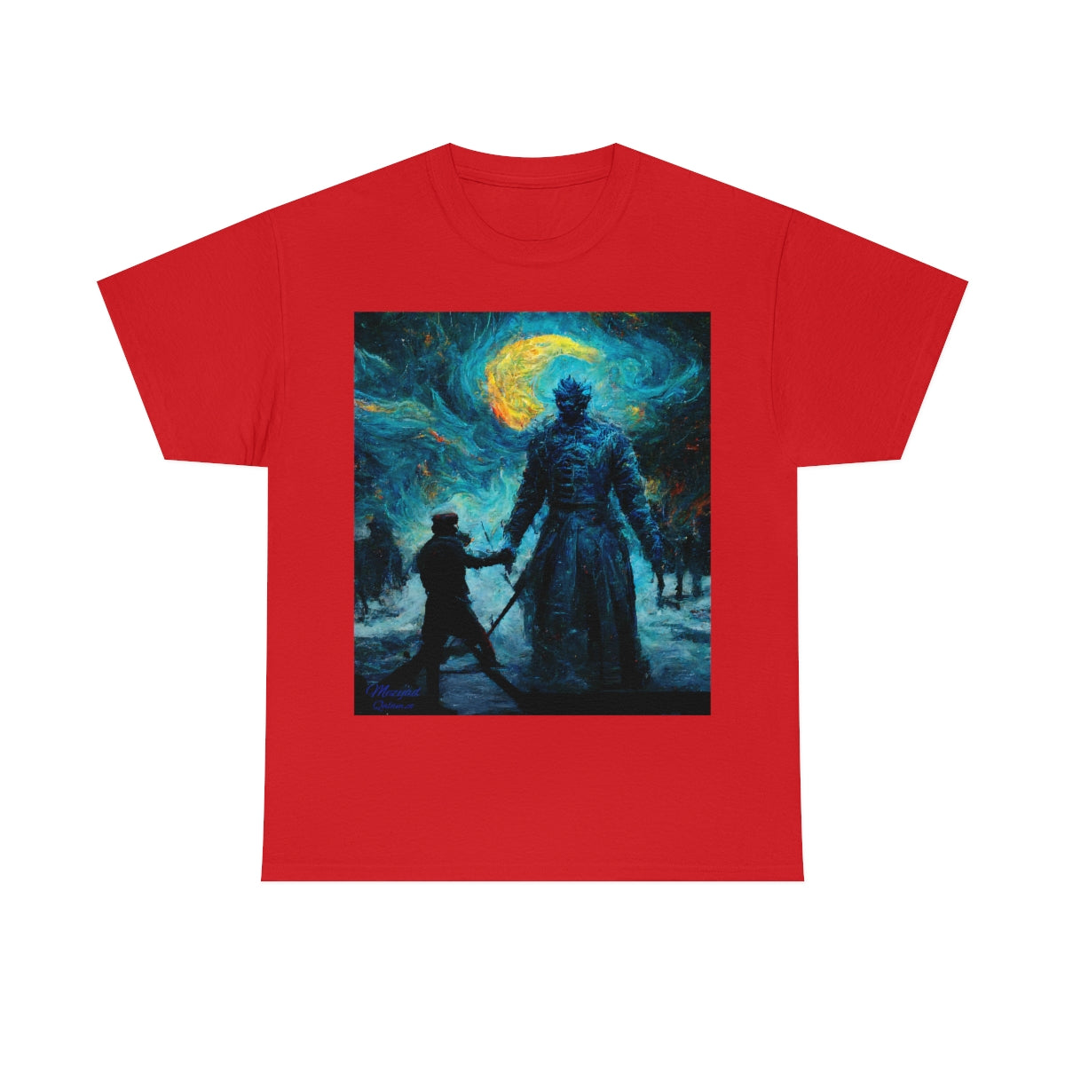 Starry Night Van Gogh and GoT Original Art. Night King Final Battle with Not Today Inscribed In The Back. Unisex Heavy Cotton Tee.
