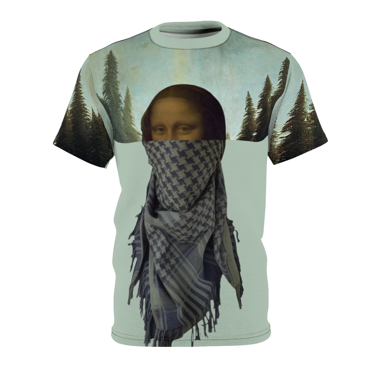 Mona Lisa Painting Showing Leonardo Da Vinci's Inner Rebellion. Unisex AOP Cut & Sew Tee