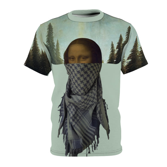 Mona Lisa Painting Showing Leonardo Da Vinci's Inner Rebellion. Unisex AOP Cut & Sew Tee