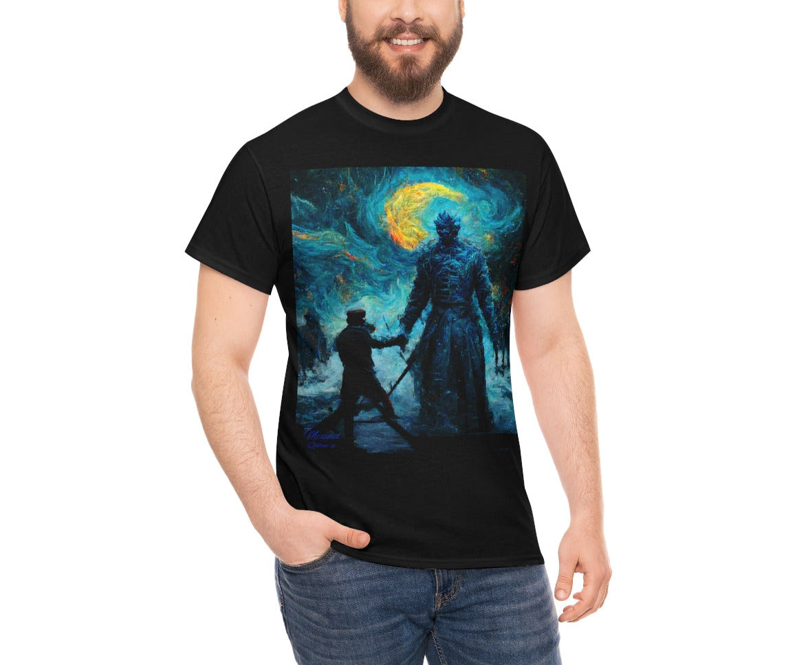 Starry Night Van Gogh and GoT Original Art. Night King Final Battle with Not Today Inscribed In The Back. Unisex Heavy Cotton Tee.
