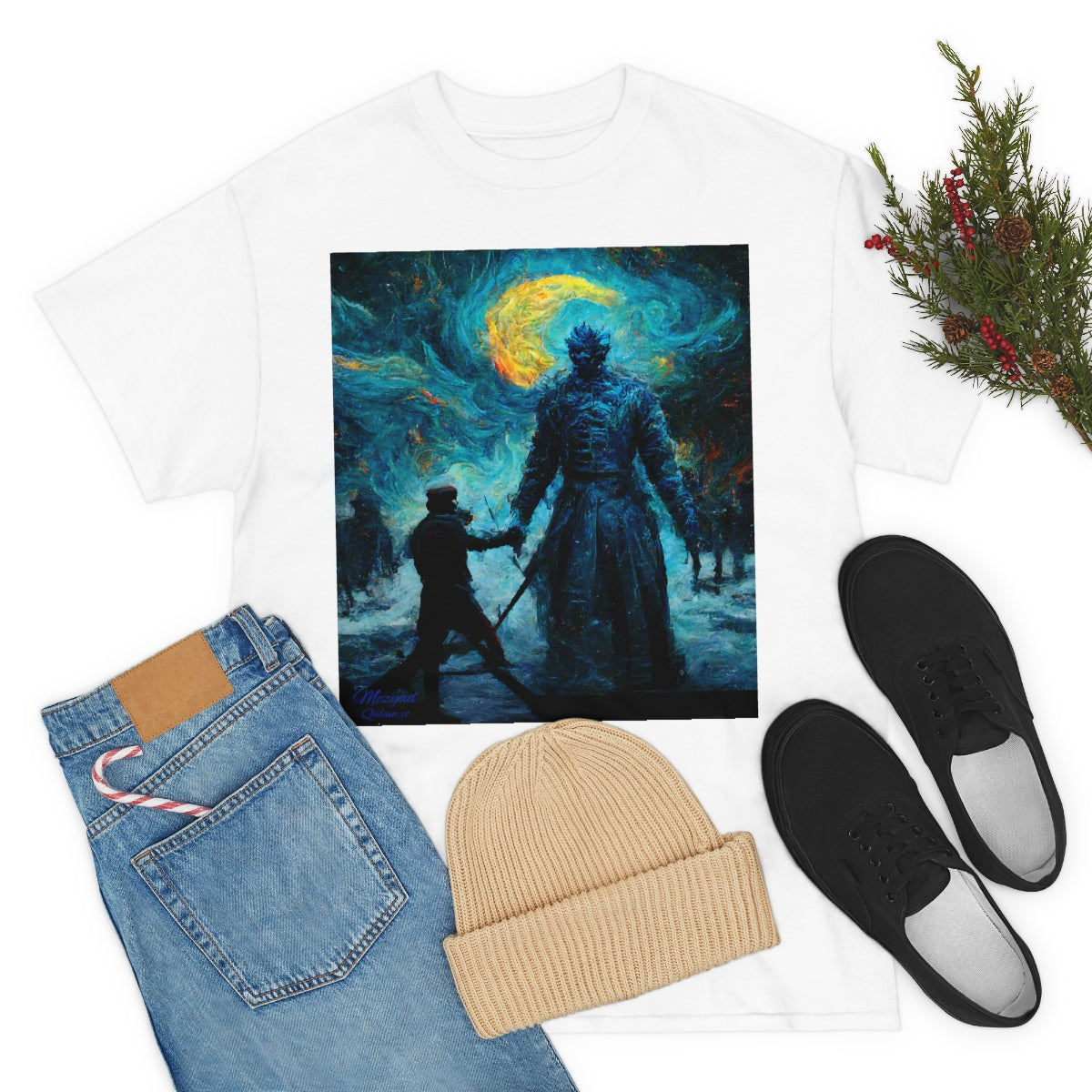 Starry Night Van Gogh and GoT Original Art. Night King Final Battle with Not Today Inscribed In The Back. Unisex Heavy Cotton Tee.