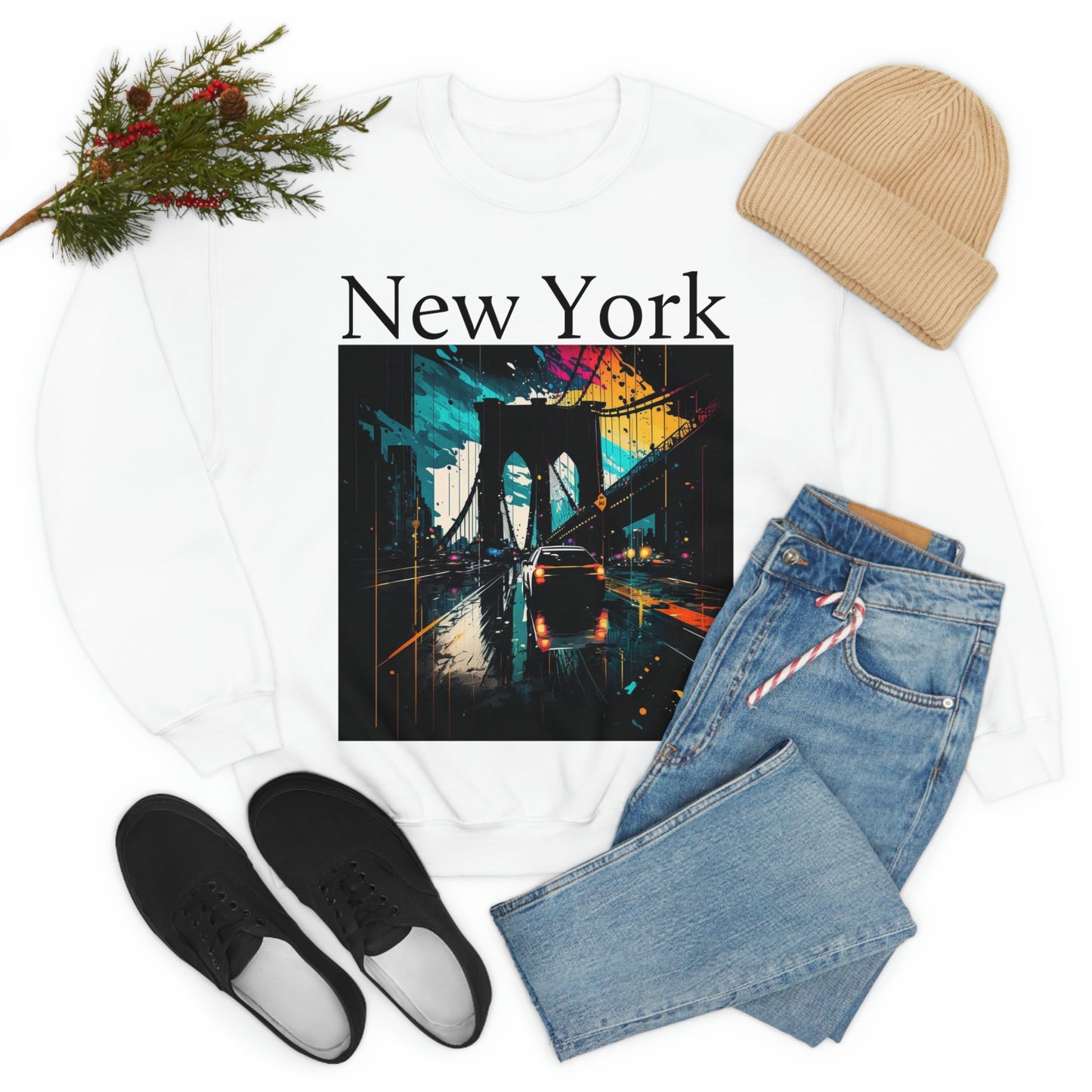 Rushing The Brooklyn Bridge In New York City. Original Art. Unisex Heavy Blend Crewneck Sweatshirt.